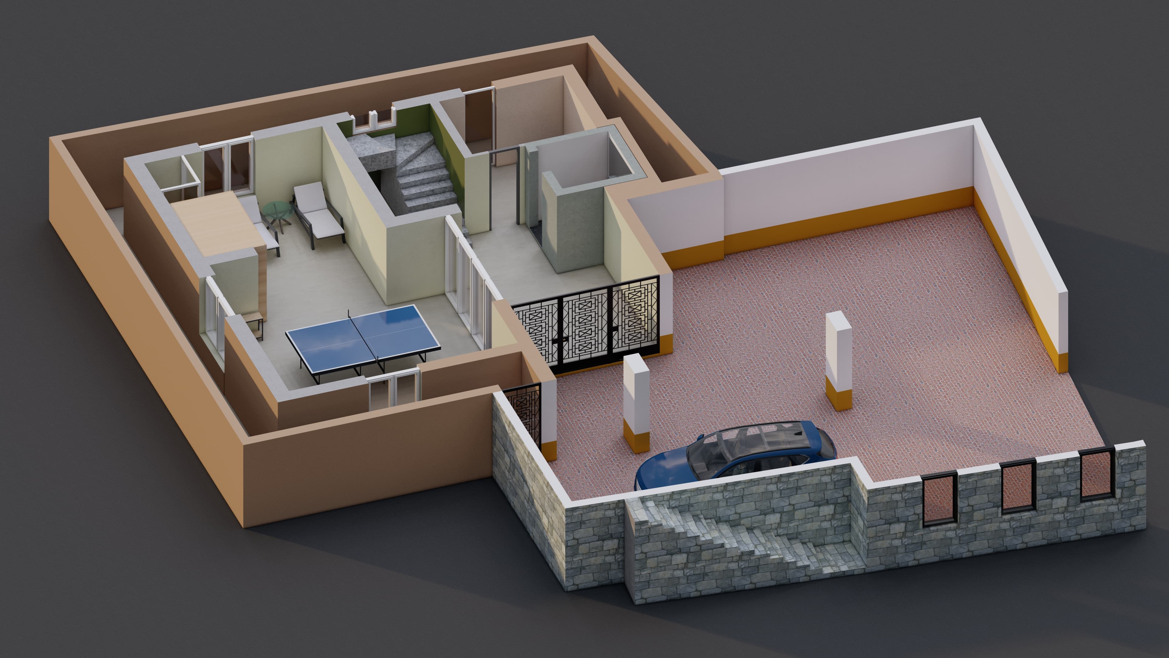 3D garage and ground floor - playroom and sauna