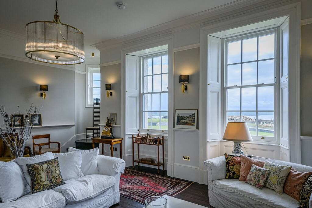 The lounge looks out across the estate and Dunnet Bay