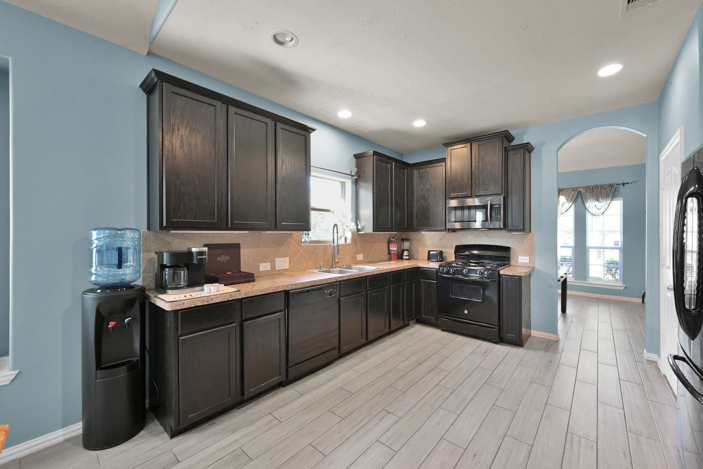 Large kitchen. Well stocked…”I absolutely love the open kitchen and living room area” says one guest. 