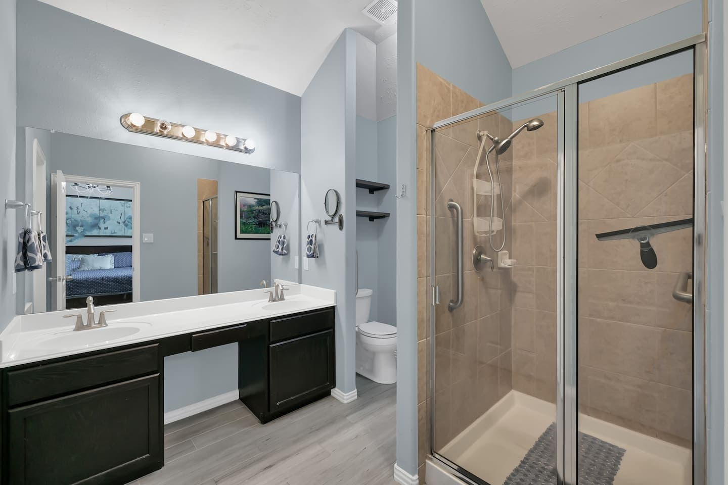 Master bathroom with grab bars in the shower and next to the toilet