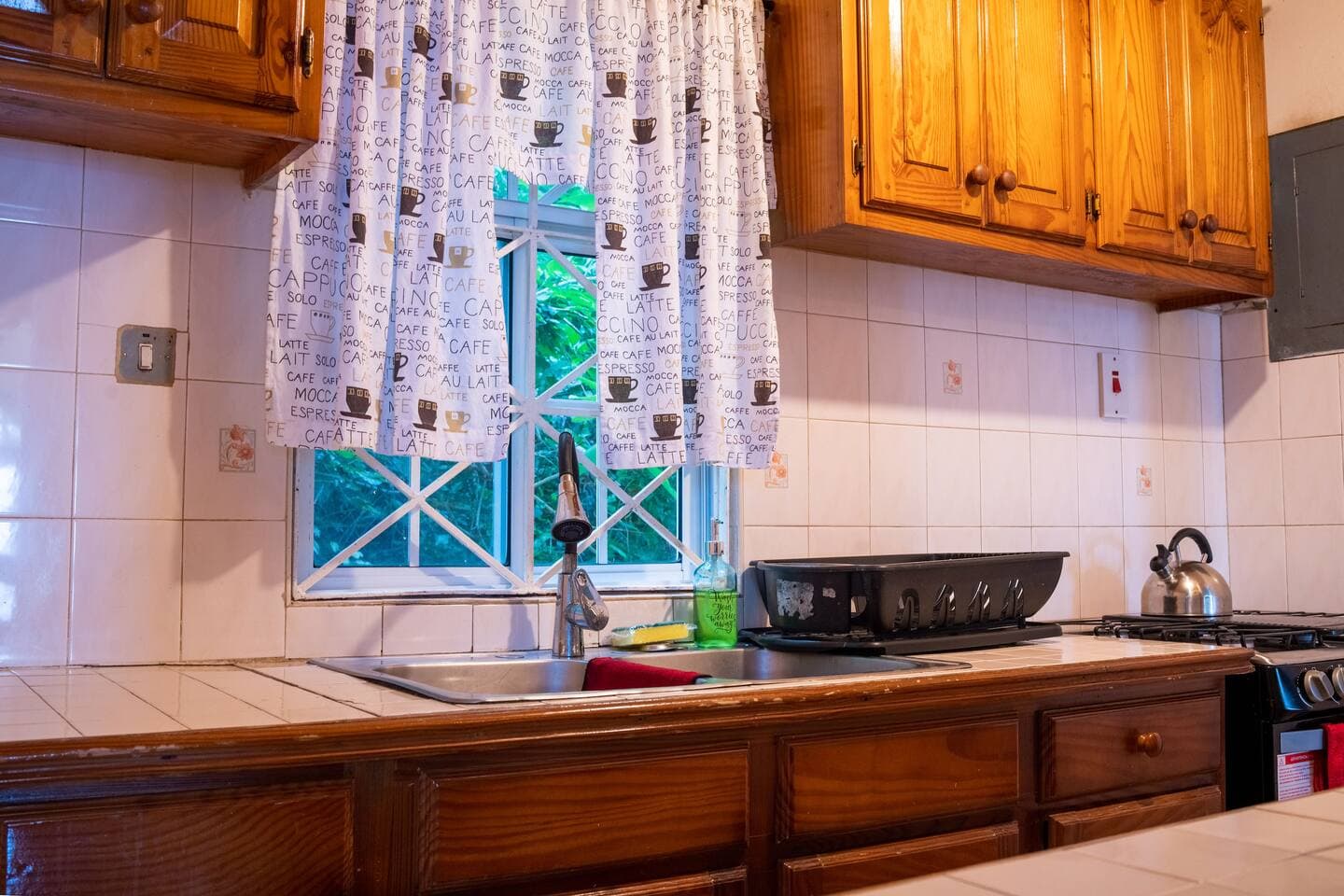 Stocked kitchen with plenty of pots and other cookware. Full size stove and refrigerator. 