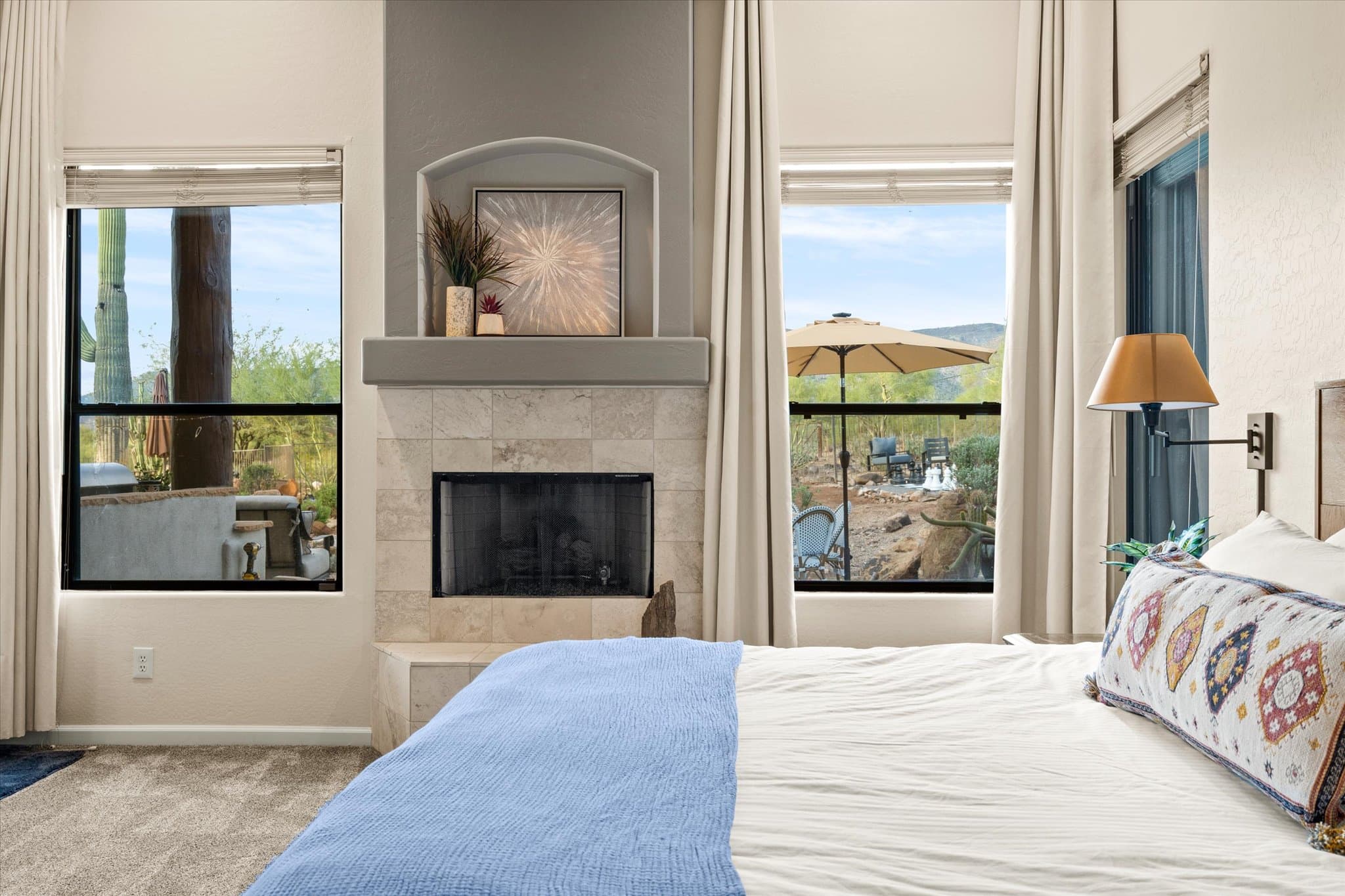 Cozy up in the primary bedroom suite for the best sleep of your life! Featuring gorgeous views, a gas fireplace, comfortable king mattress, white noise fan, Roku TV and black out curtains.