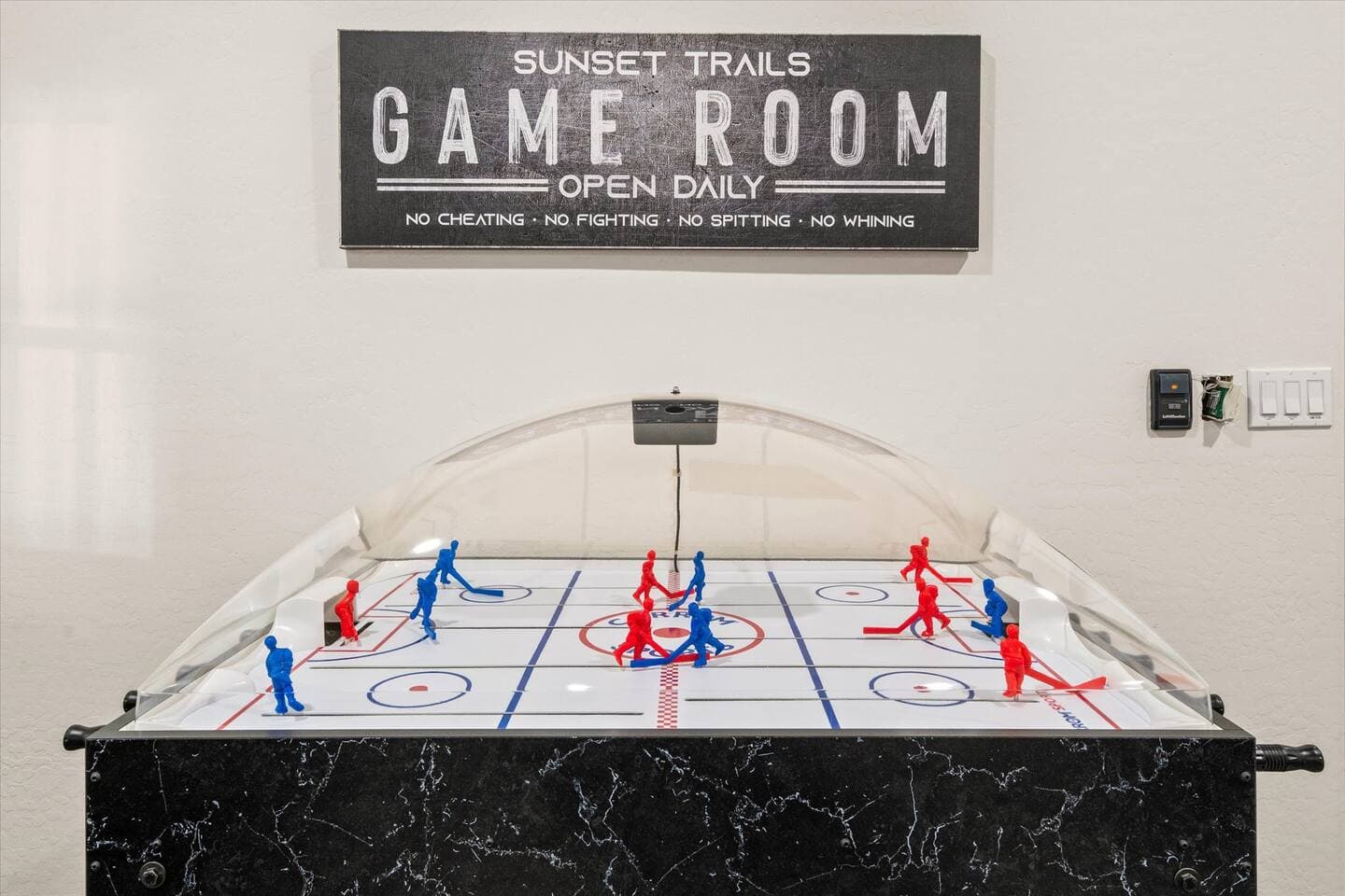 Challenge your favorite nemesis to a game of Dome Hockey. The digital scoring and game sounds ramps up the fun.