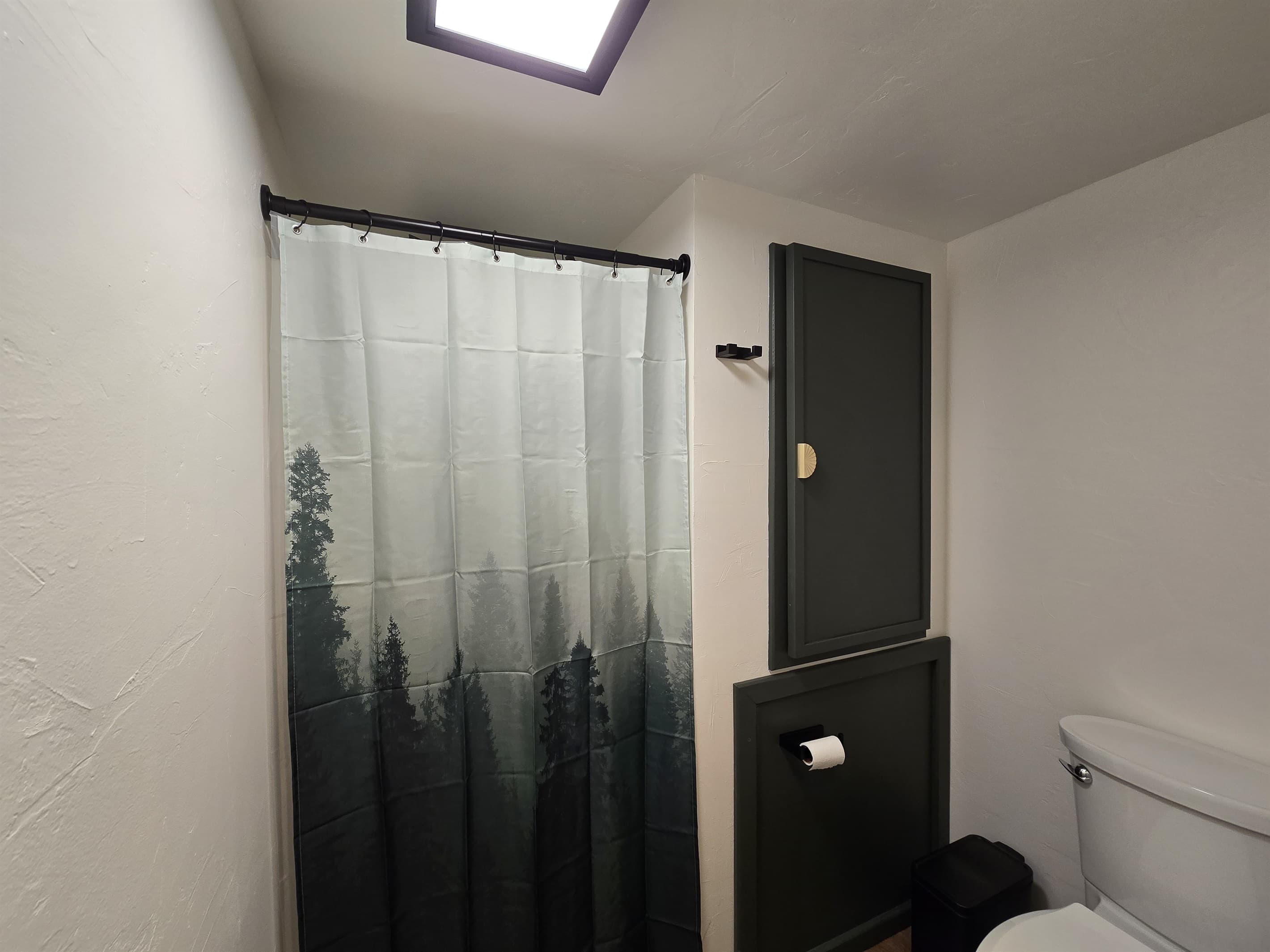 Modern lake house bathroom with a sleek design. Features a walk-in shower with a nature-themed curtain, black cabinetry, and a toilet. The room is well-lit with a ceiling light, offering a clean and contemporary look perfect for a relaxing stay.