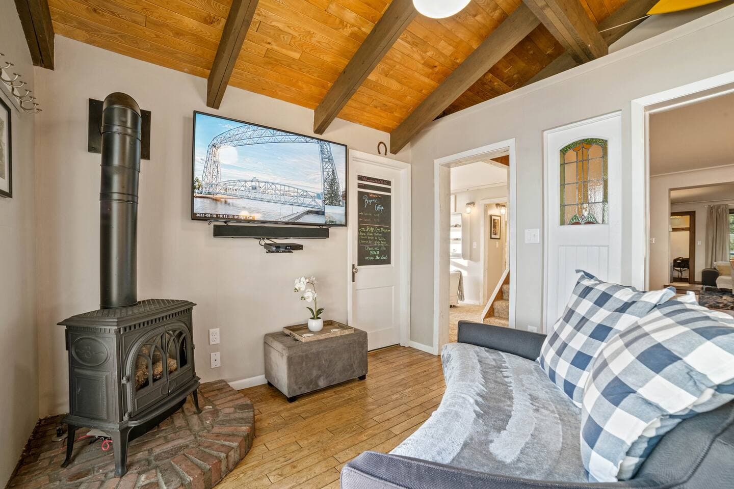 You can sit by the fireplace and gaze out  the wall of windows at the water while watching ships, boats and wildlife pass through. 