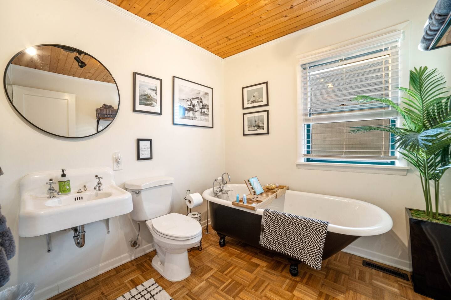Luxuriate in the deep cast-iron tub in the newly renovated bathroom.