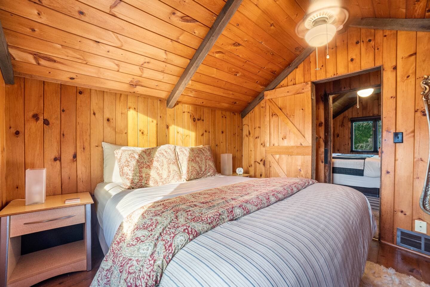 Get a well rested nights sleep in this king size bed with a memory foam topper & luxurious soft linens. The closet includes extra linens & blankets, fan, velvet hangers, dresser and noise machine.  Plenty of drawers and hangers for an extended stay!