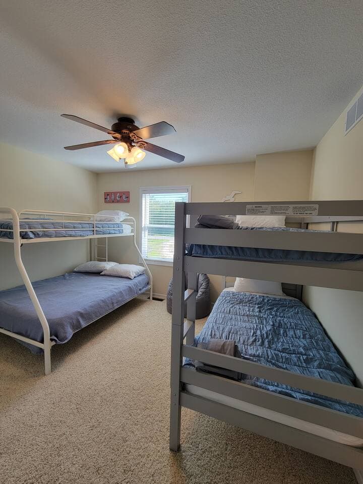 twin over full and twin bunks- Top bunks will have the clean bedding laid on top