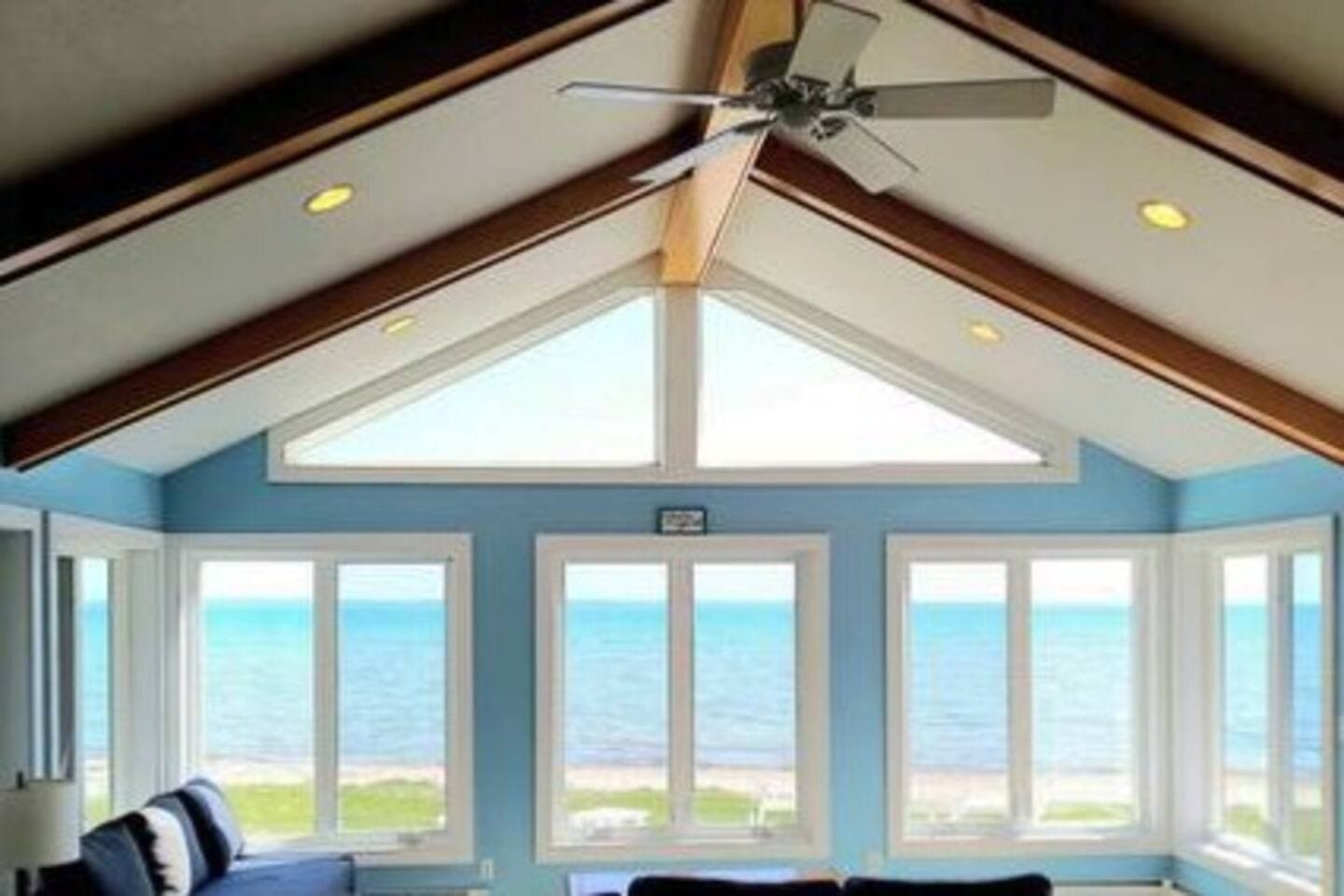 Beautiful views from the large great room with ample seating to watch the waves or large freighters coming through