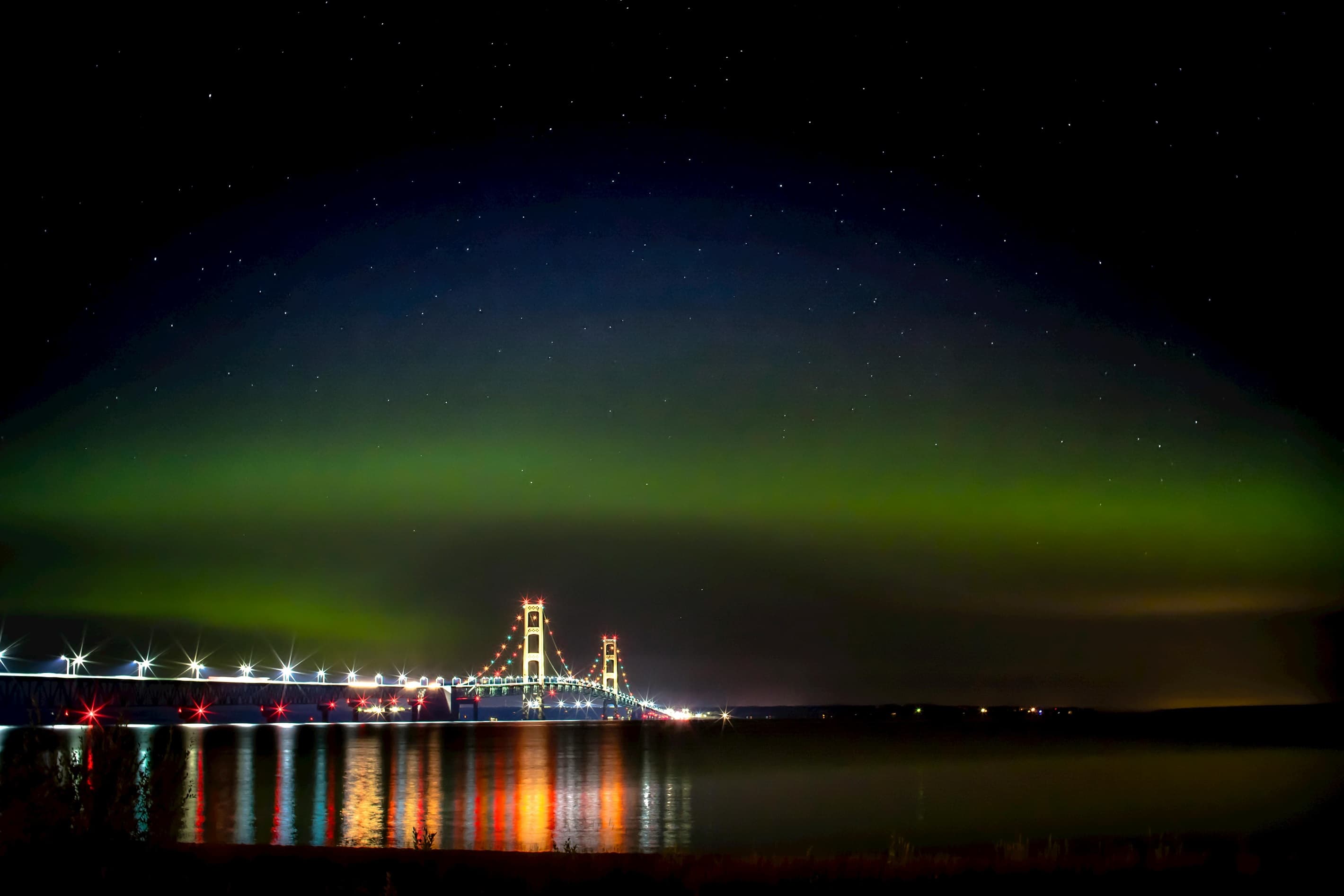 Northern Lights and Bridge at Night