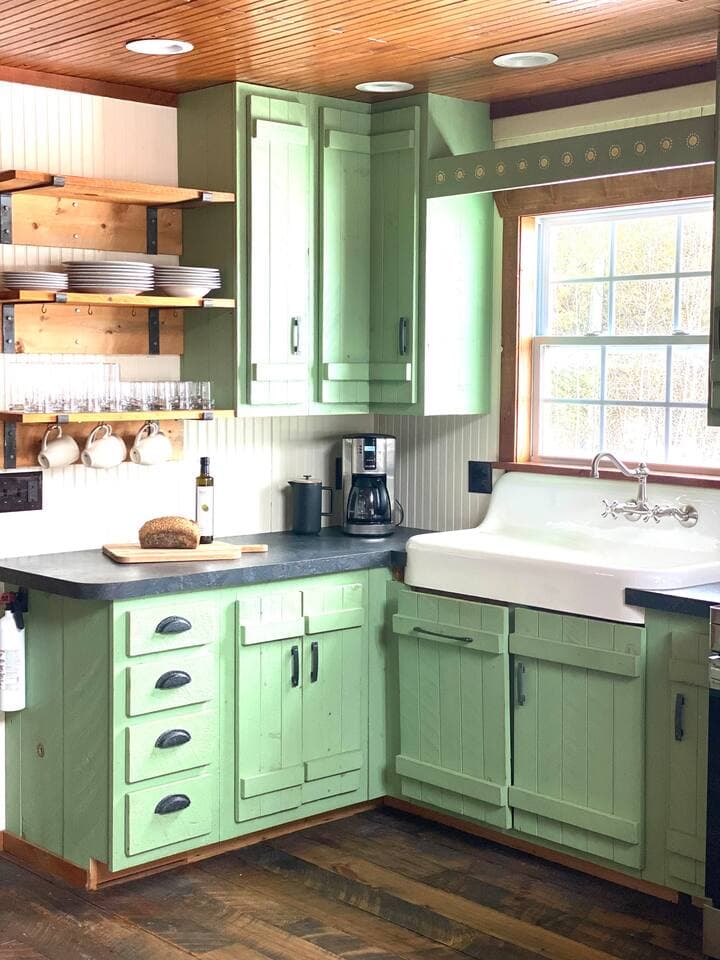 Farmhouse sink and stocked kitchen