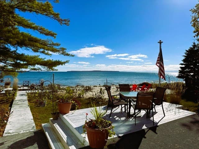 Amazing views of Mackinac Island.  Deck walkway has been removed for more sandy beach