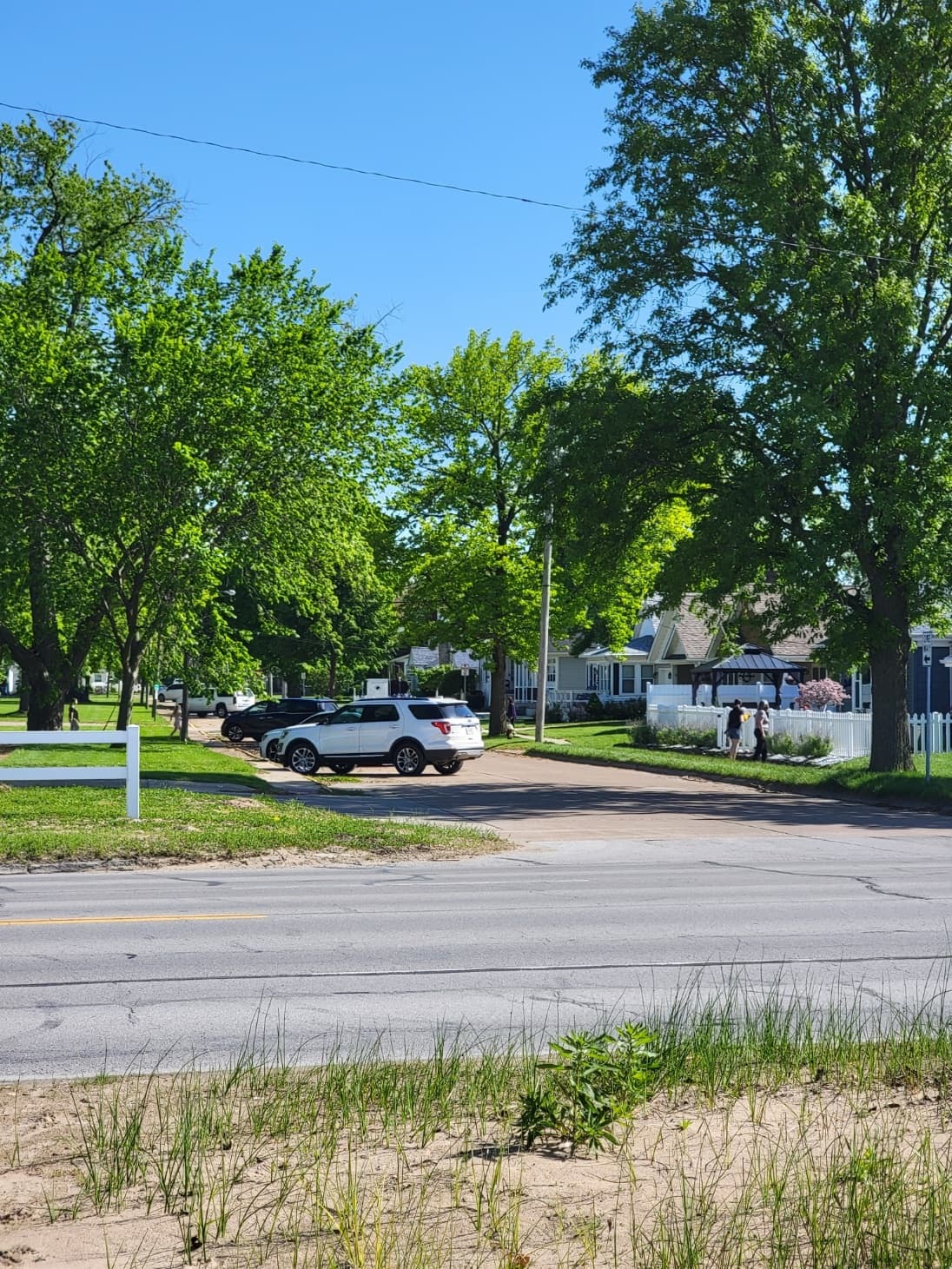 View from the beach back to the house.  Ample head-in street parking spaces on a quiet one way street