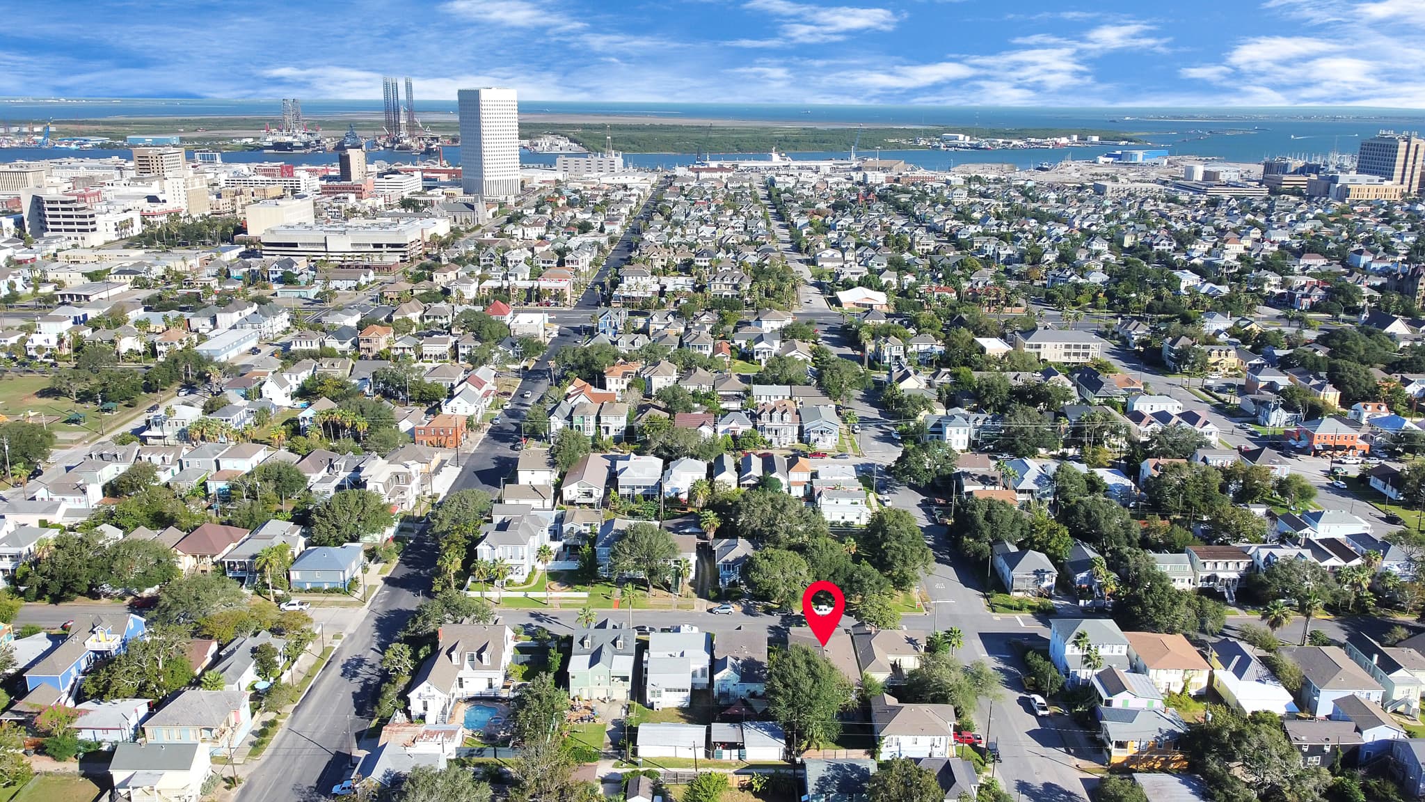 Bird's-eye view of the Historic Anchor at M neighborhood — surrounded by Galveston's iconic Victorian architecture just minutes from the seawall.