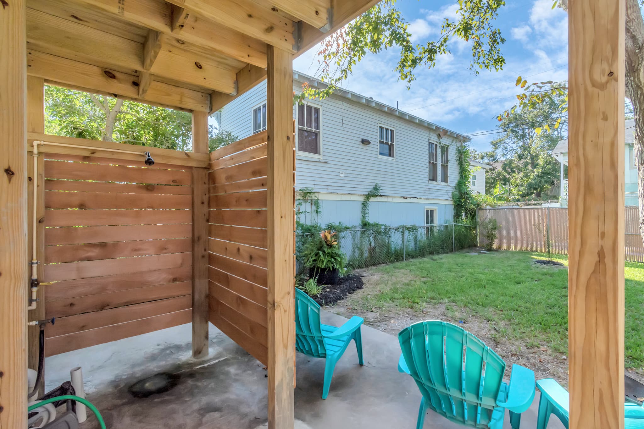 The outdoor shower at 1705 Avenue M takes care of the sand and salt before you come inside — a Galveston essential after a day at the beach.