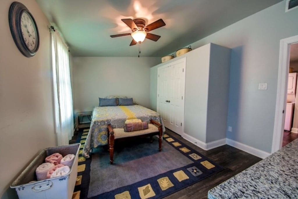 The primary bedroom is full of comfort and charm — a restful retreat with a smart TV and streaming for cozy nights in.