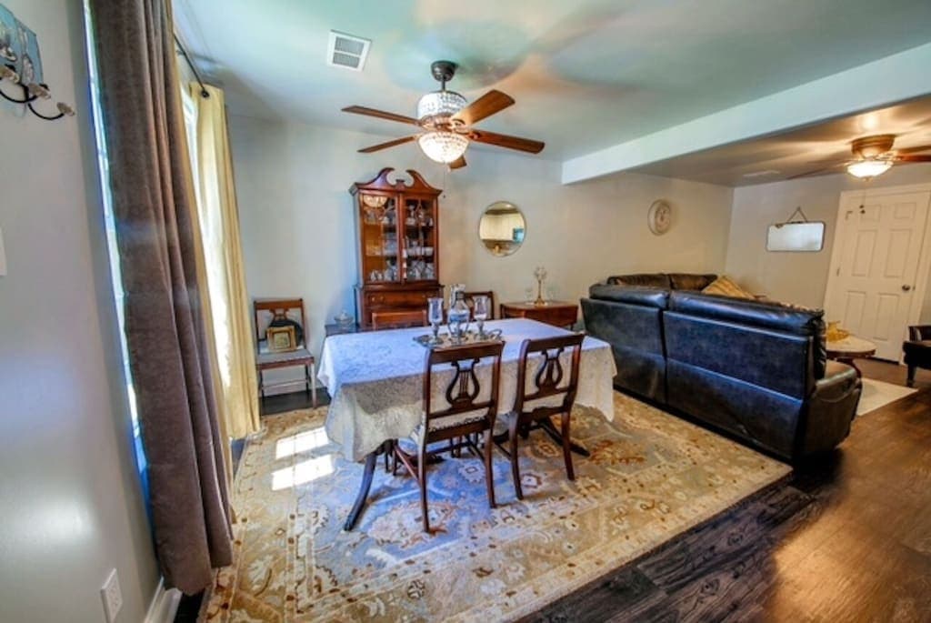The open dining and kitchen layout keeps everyone together while meals come together.