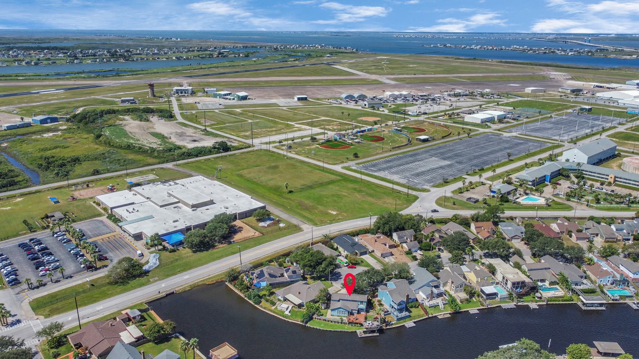 Schlitterbahn Galveston Water Park from above — one of Texas's top-rated water parks, and walkable from Lakeview Landing's front door.