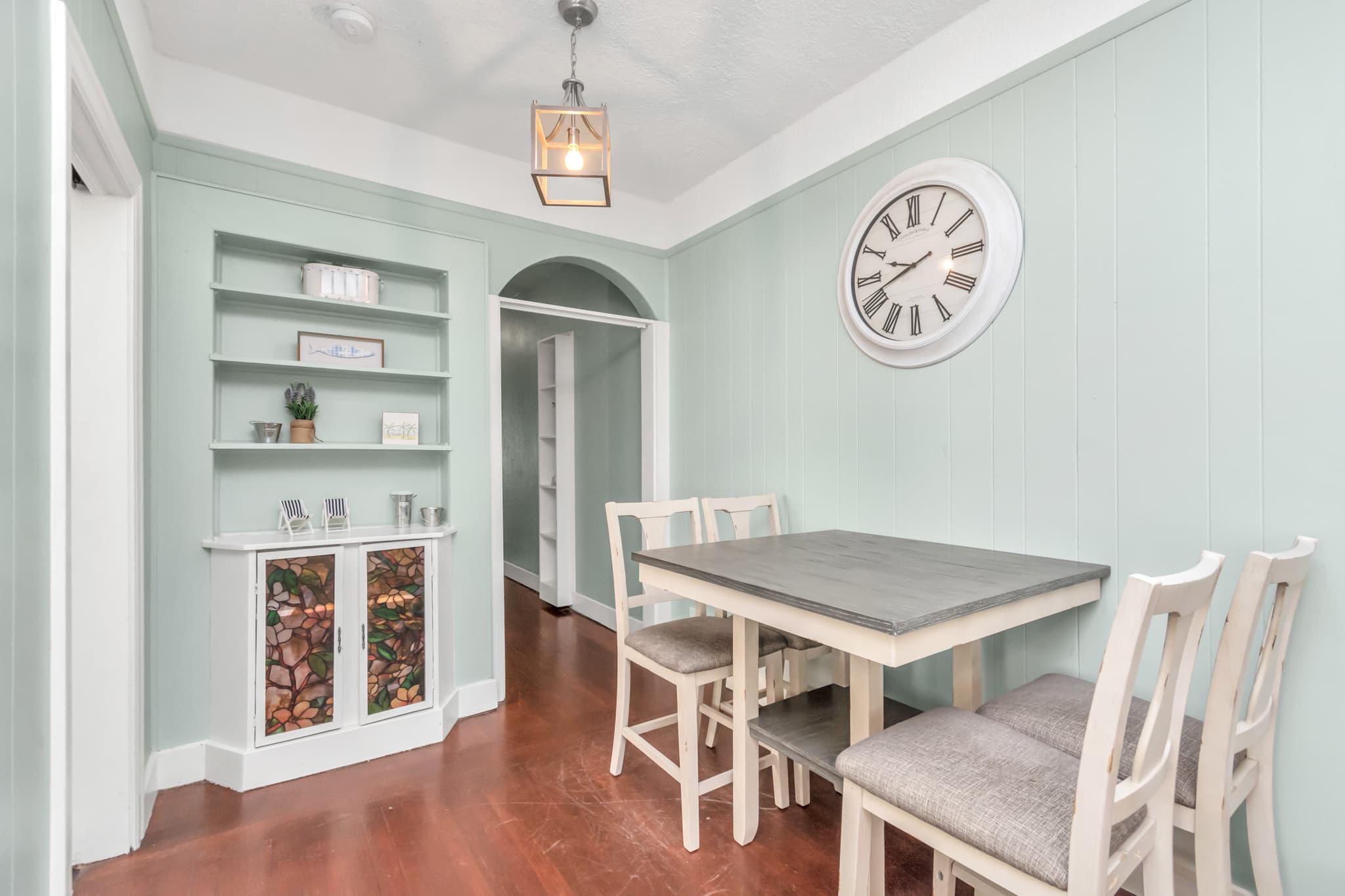 Small dining area but cozy allows for guests to have a meal or get together and enjoy their stay. Also a place to prep and put out the game day food.