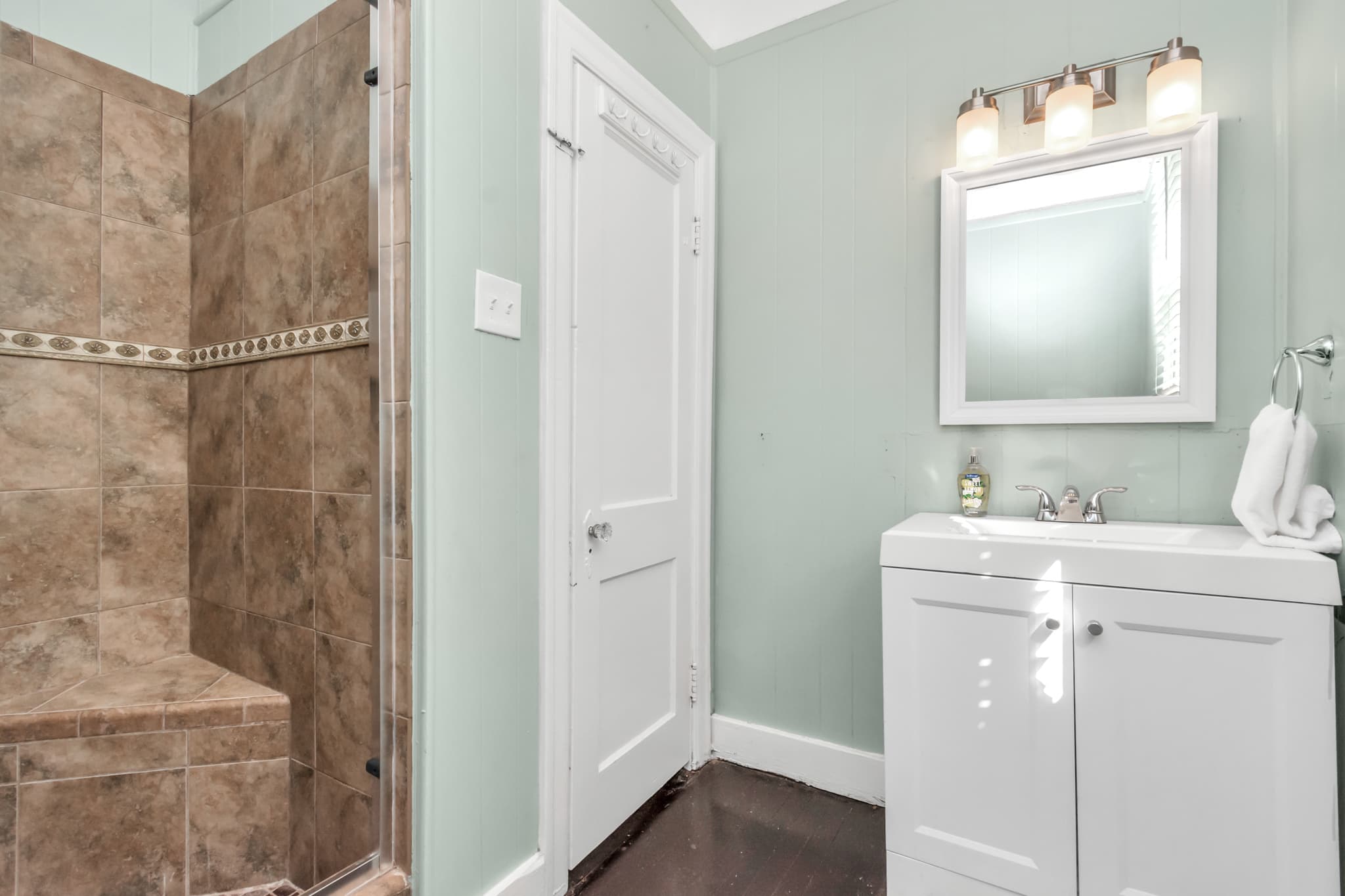A full bath is available for everyone to get ready or to cool down for a day in the sun.