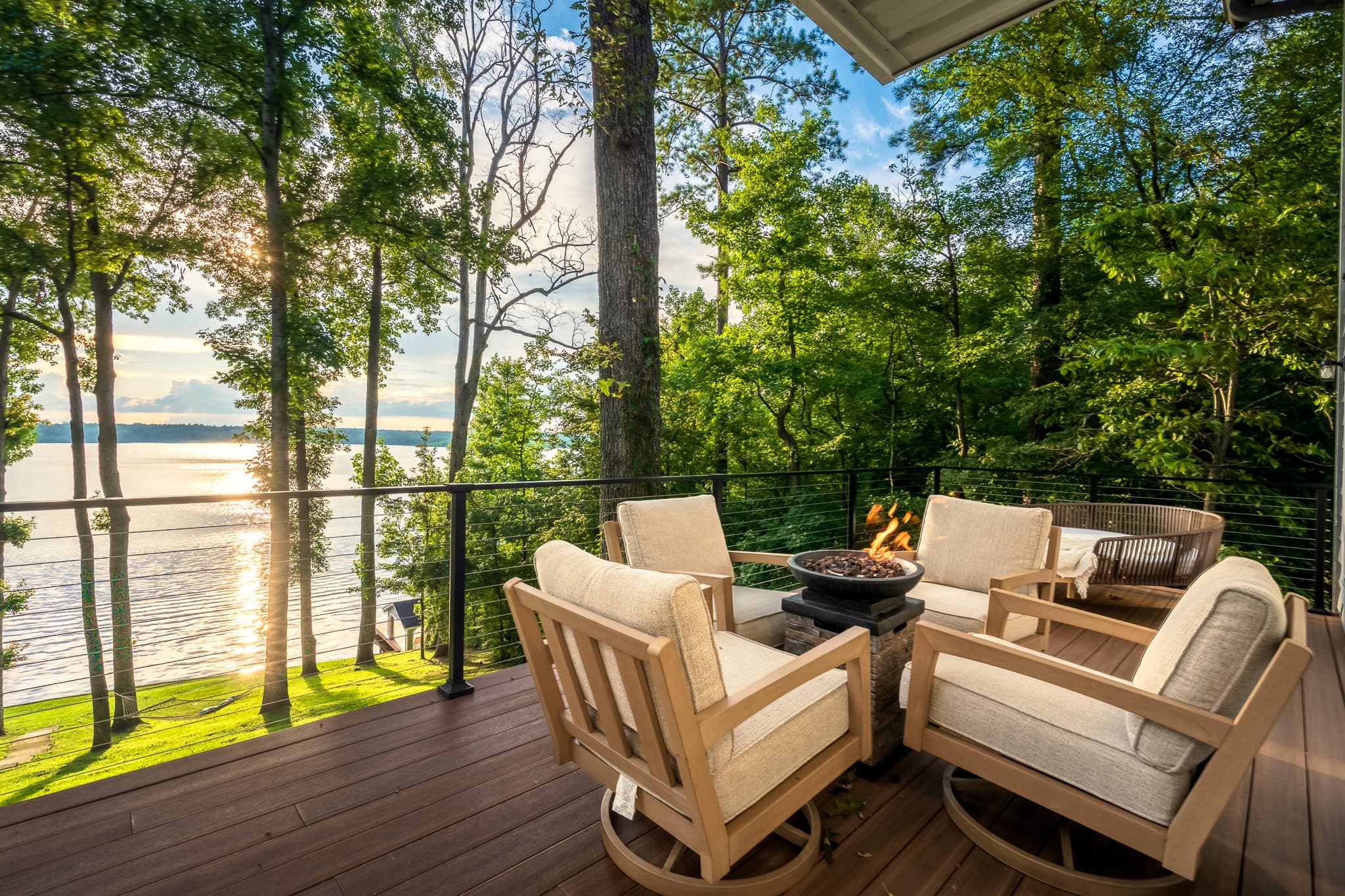 Deck firepit with sunset water views