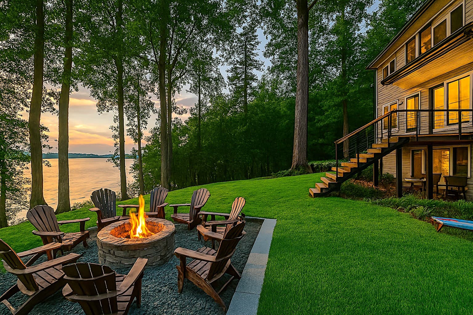 Private outdoor firepit with lake view