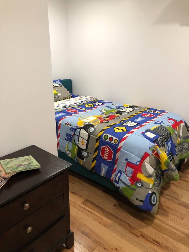 Guest house bedroom #6 with twin bed (we also have white twin sheets with duvet if you don’t want a kid’s set)