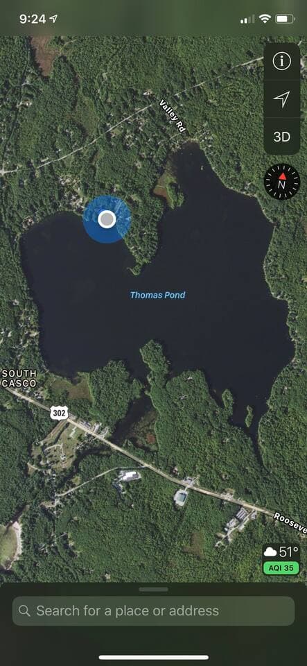 Satellite picture of Thomas Pond and the location of the homes