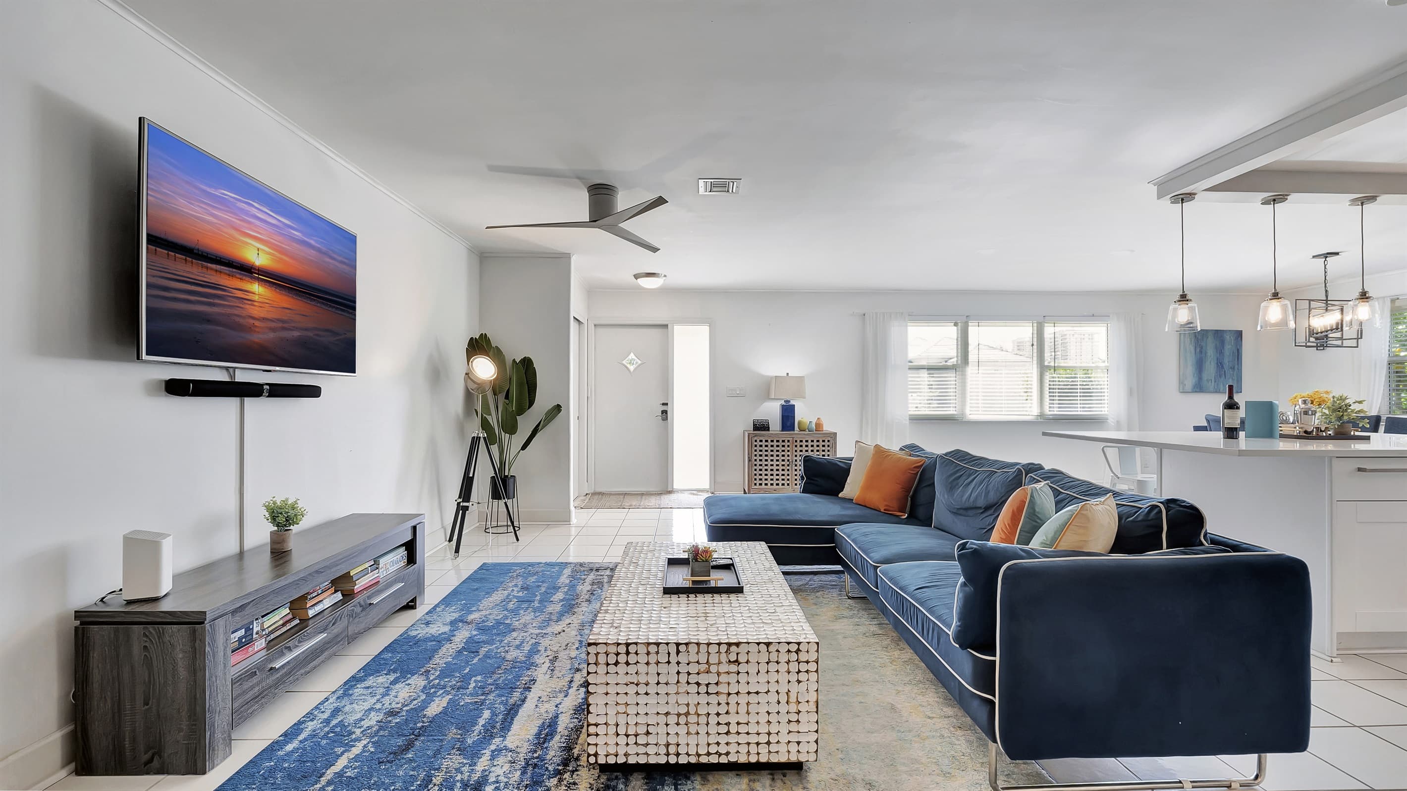 The living room with comfortable sofa and large Smart TV