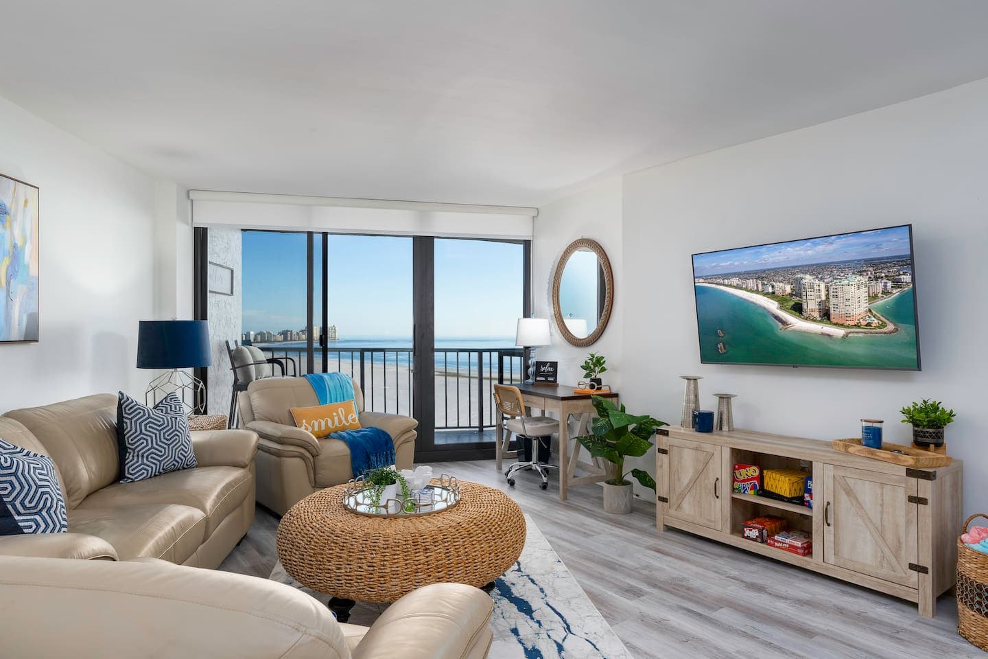 Coastal Serenity: Spacious Living Room with Breathtaking Beach View