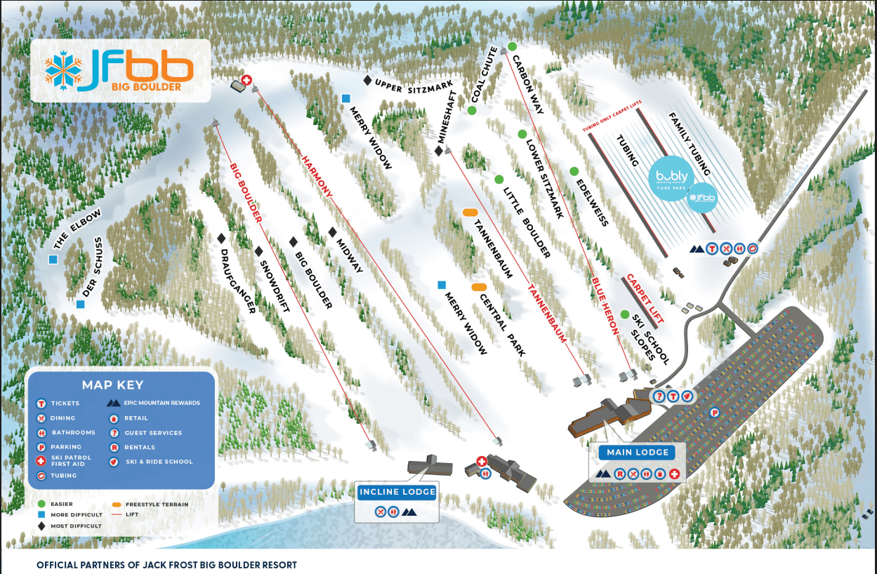 Big Boulder Ski Resort Trail Map 🏔️— just under 1 mile from the house! ⛷️ Check out lift tickets and resort details at JFBB.com.