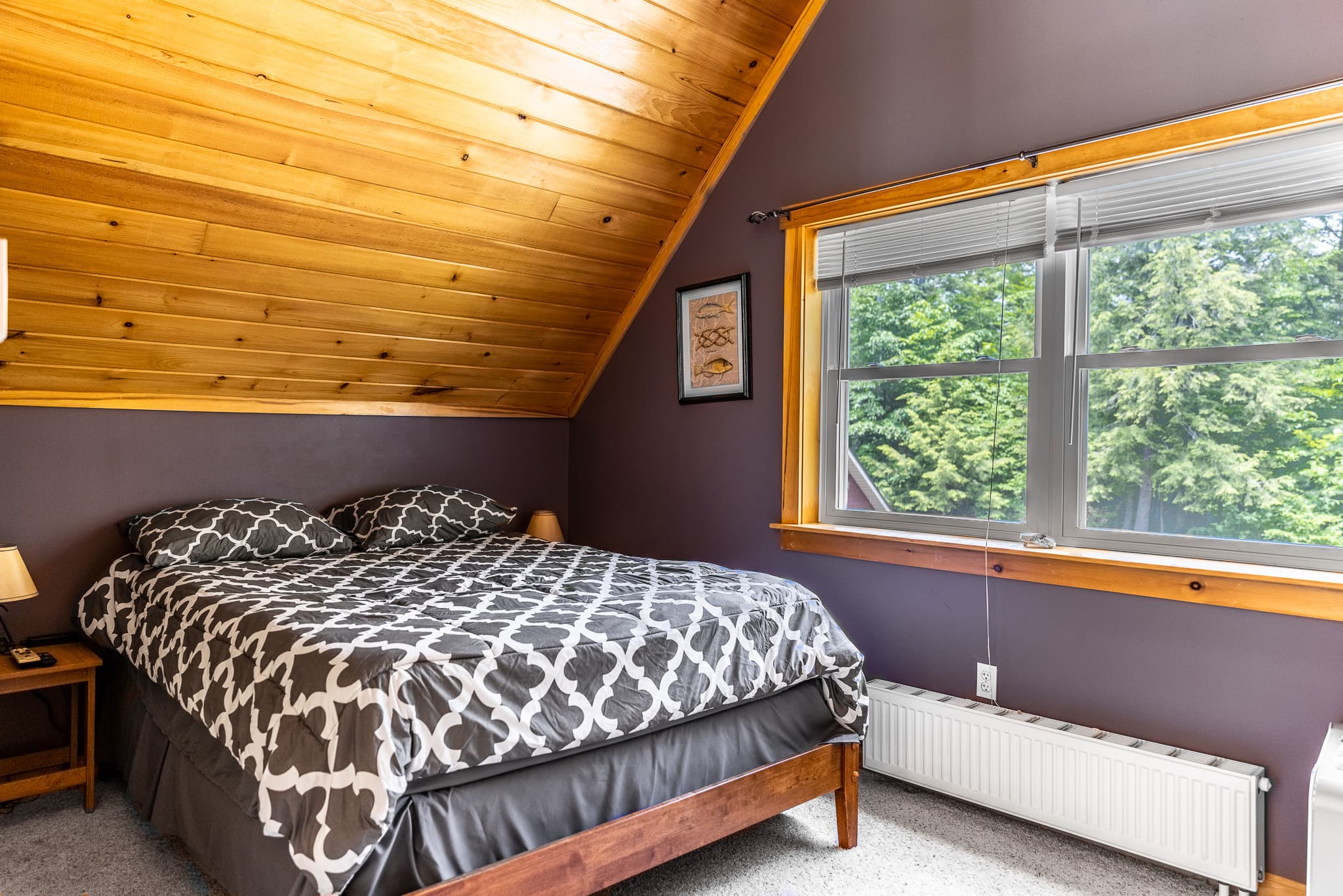 Upstairs loft with queen bed, ceiling fan, Roku TV, sleeper sofa, and 1/2 bathroom.