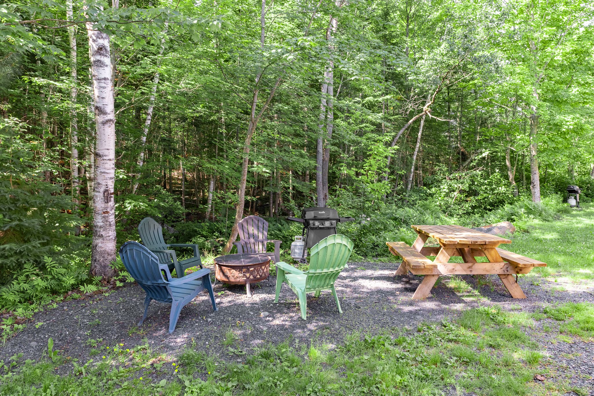 Fire pit,  grill, and plenty pf space to sit and relax by the brook in the back.