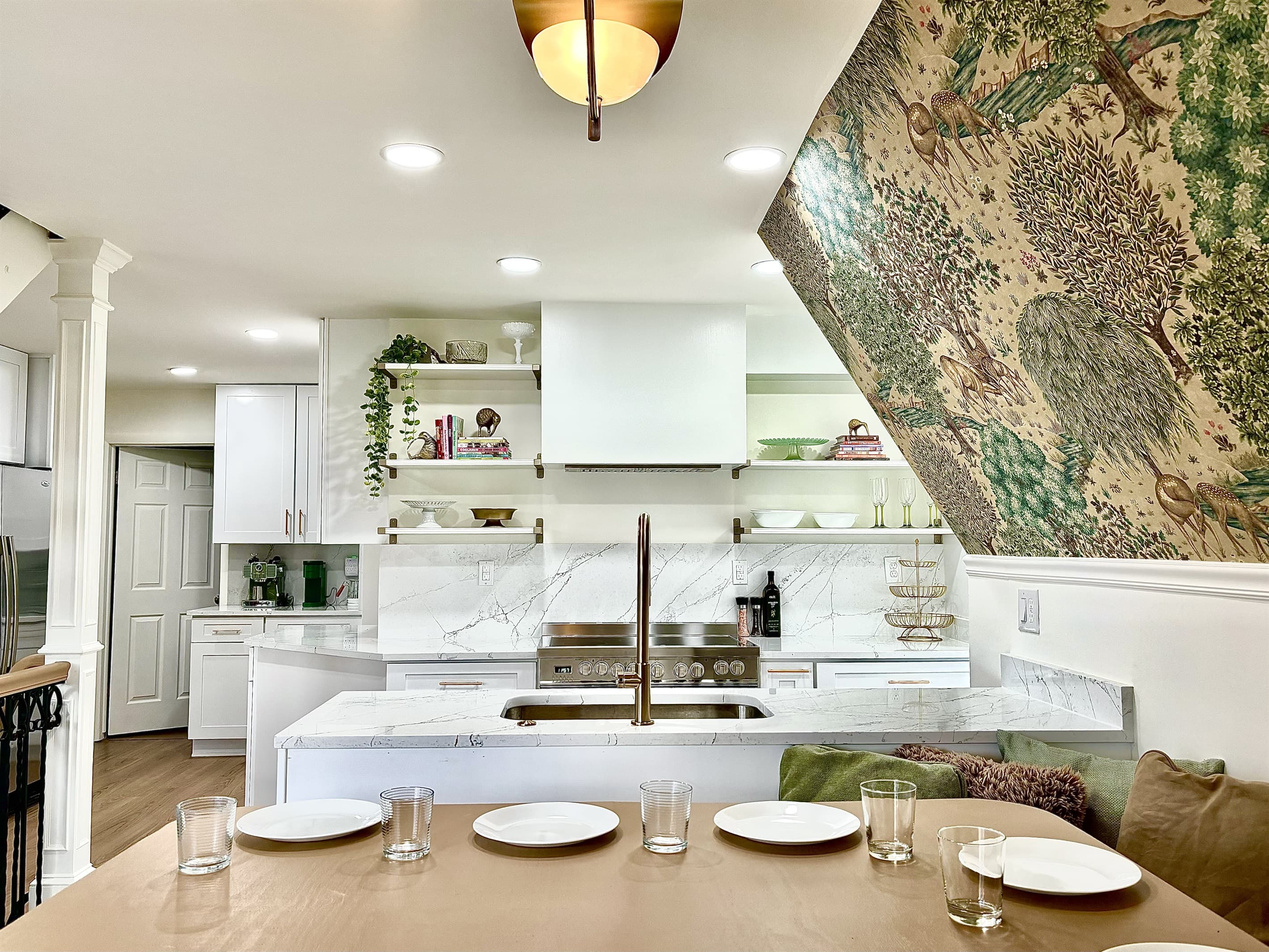 The dining nook is right next to the kitchen making serving food a breeze.