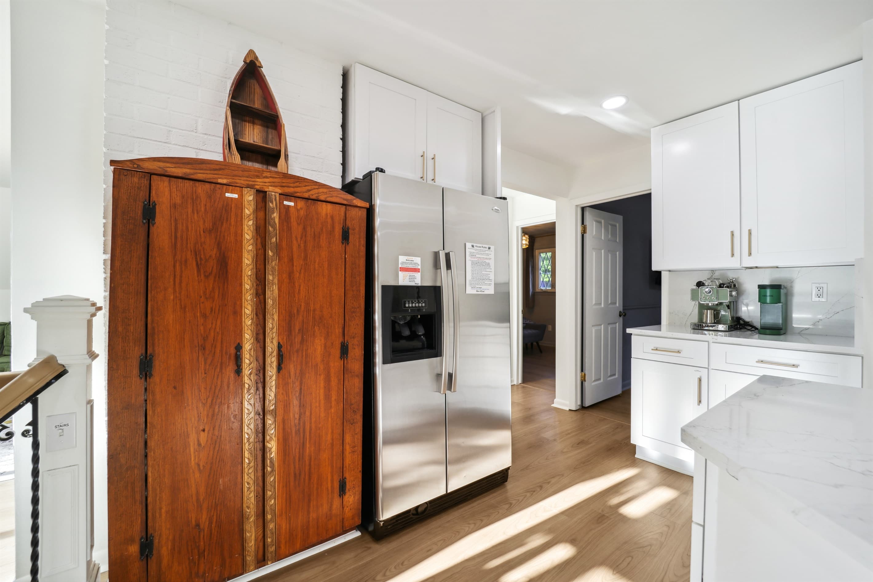 The kitchen also has a full-size refrigerator, so you can store all your food and drinks.