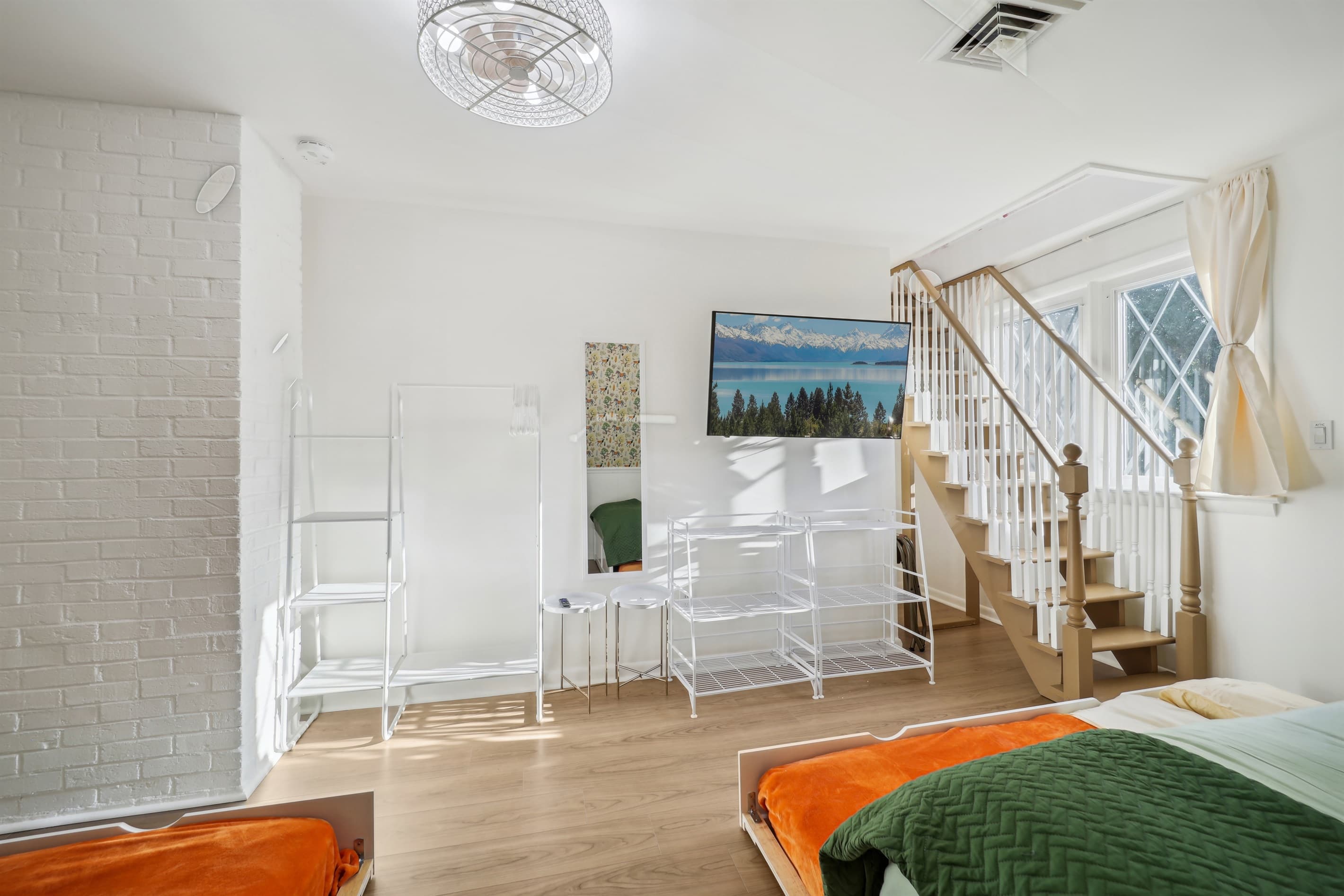 The bedroom comes with a 50" Roku TV and storage space for all your luggage.