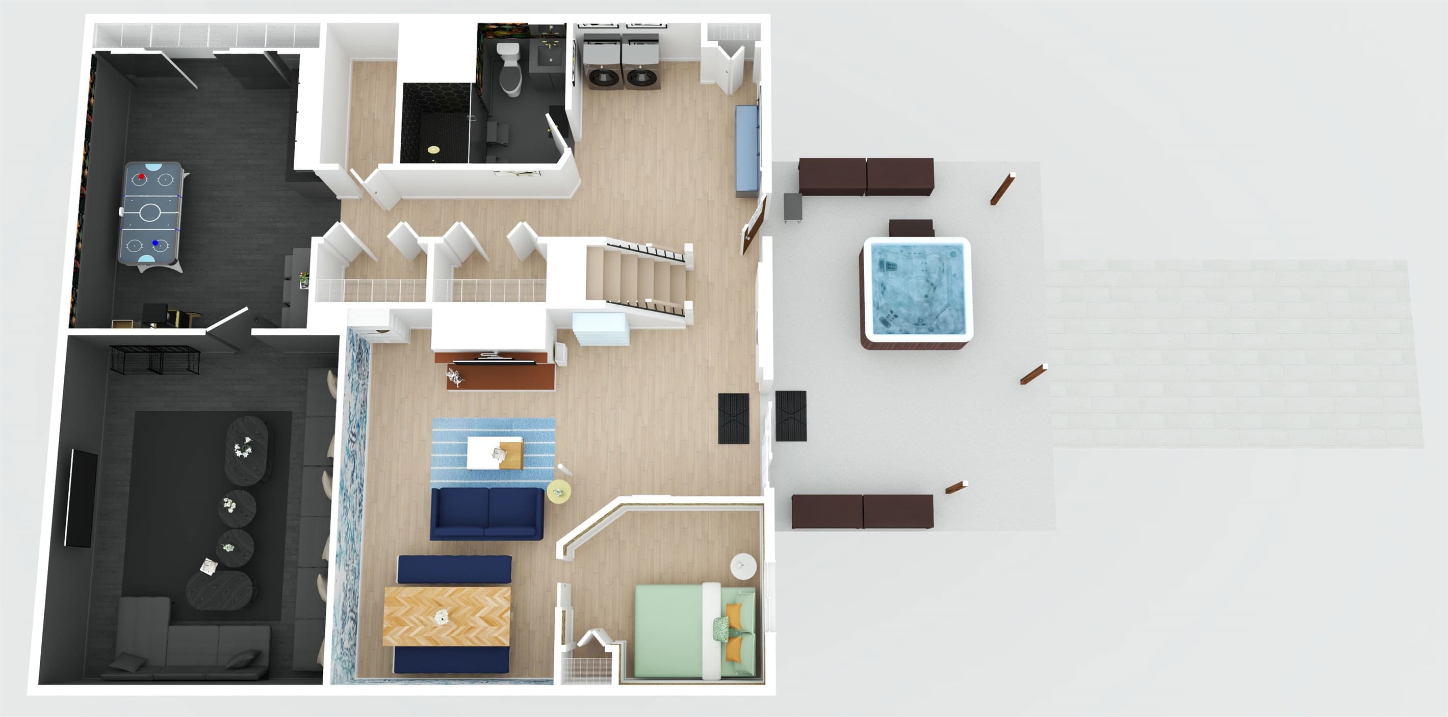 The basement level is approximately 1,200 sq ft, and includes a bedroom, full bathroom, game room, movie room, laundry area, second living/dining room, and just outside is the hot tub area