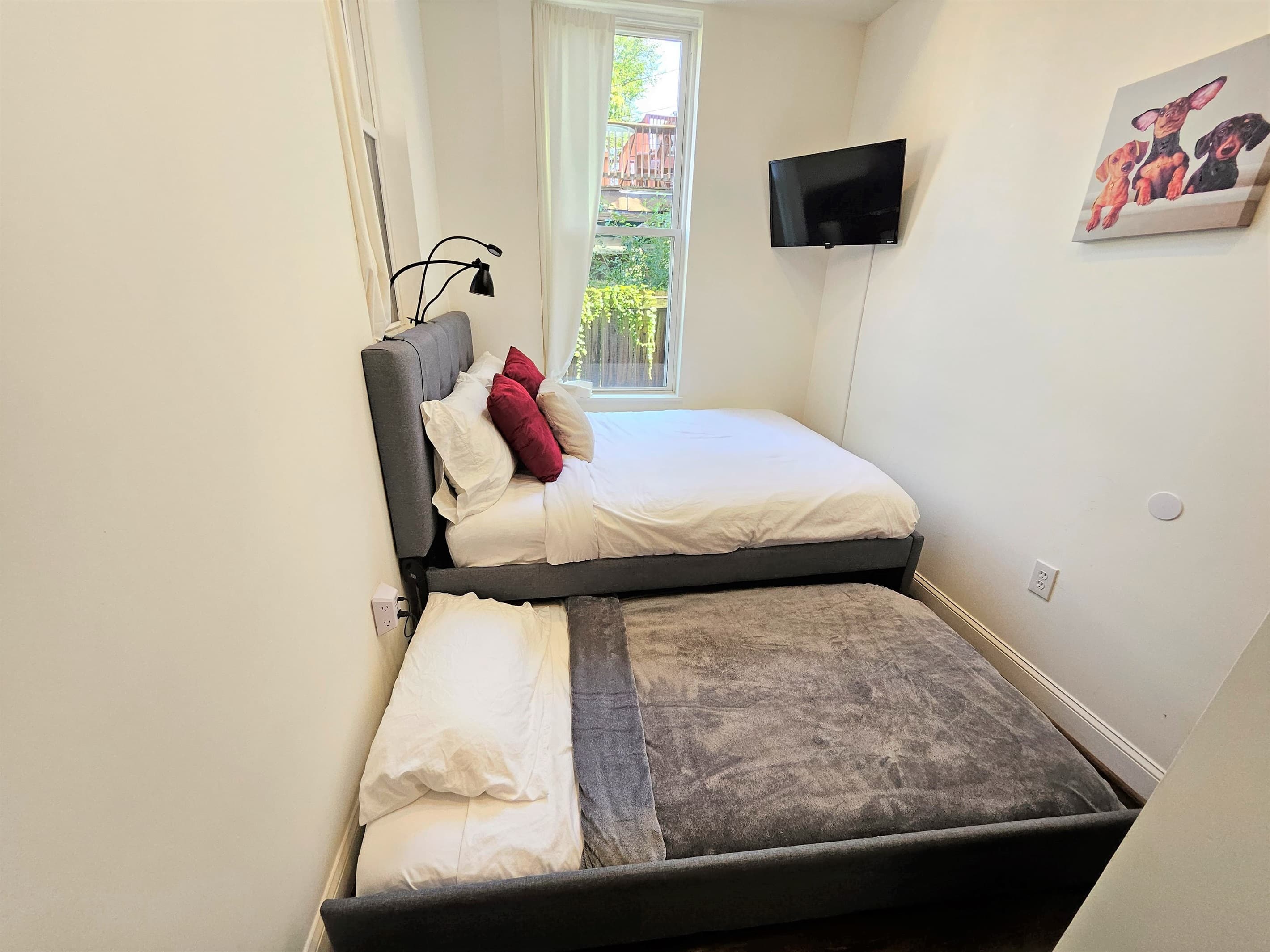 When the trundle bed is pulled out for use, the beds will take up the majority of the room