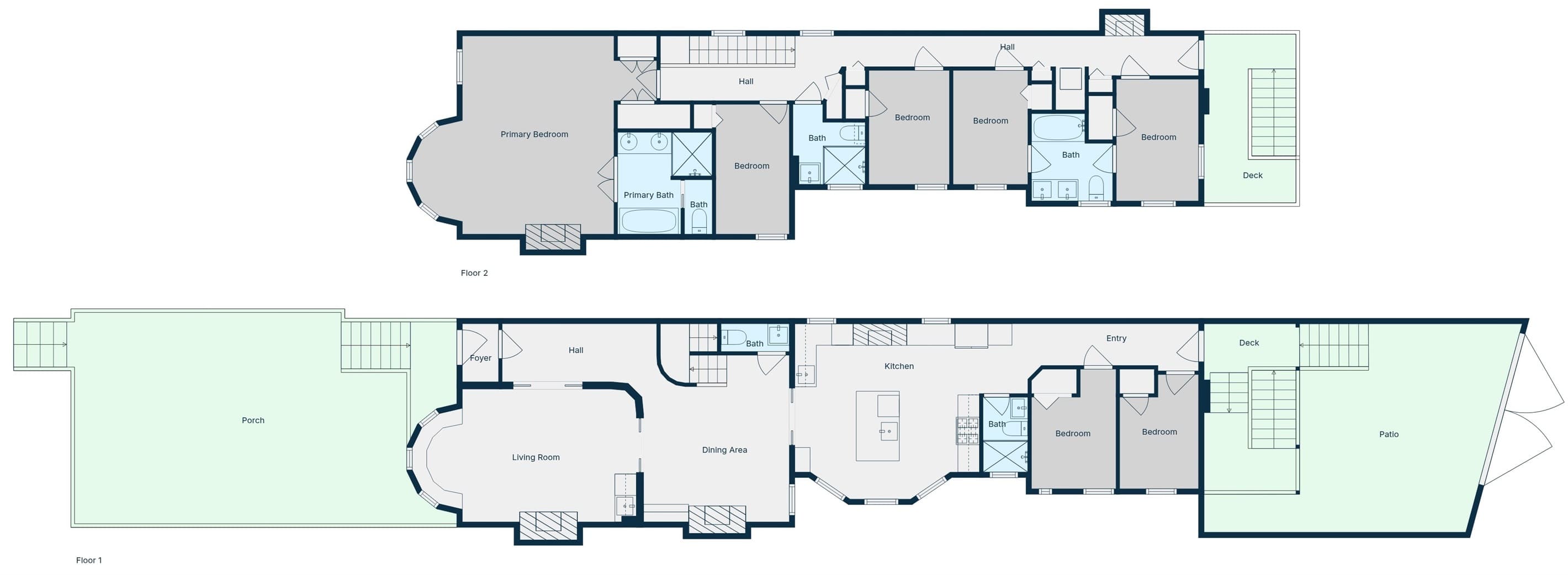 The home has two levels and is approximately 2,400 sq ft (interior). There is also a shared front patio space and backyard space, where the rear parking spot is located.