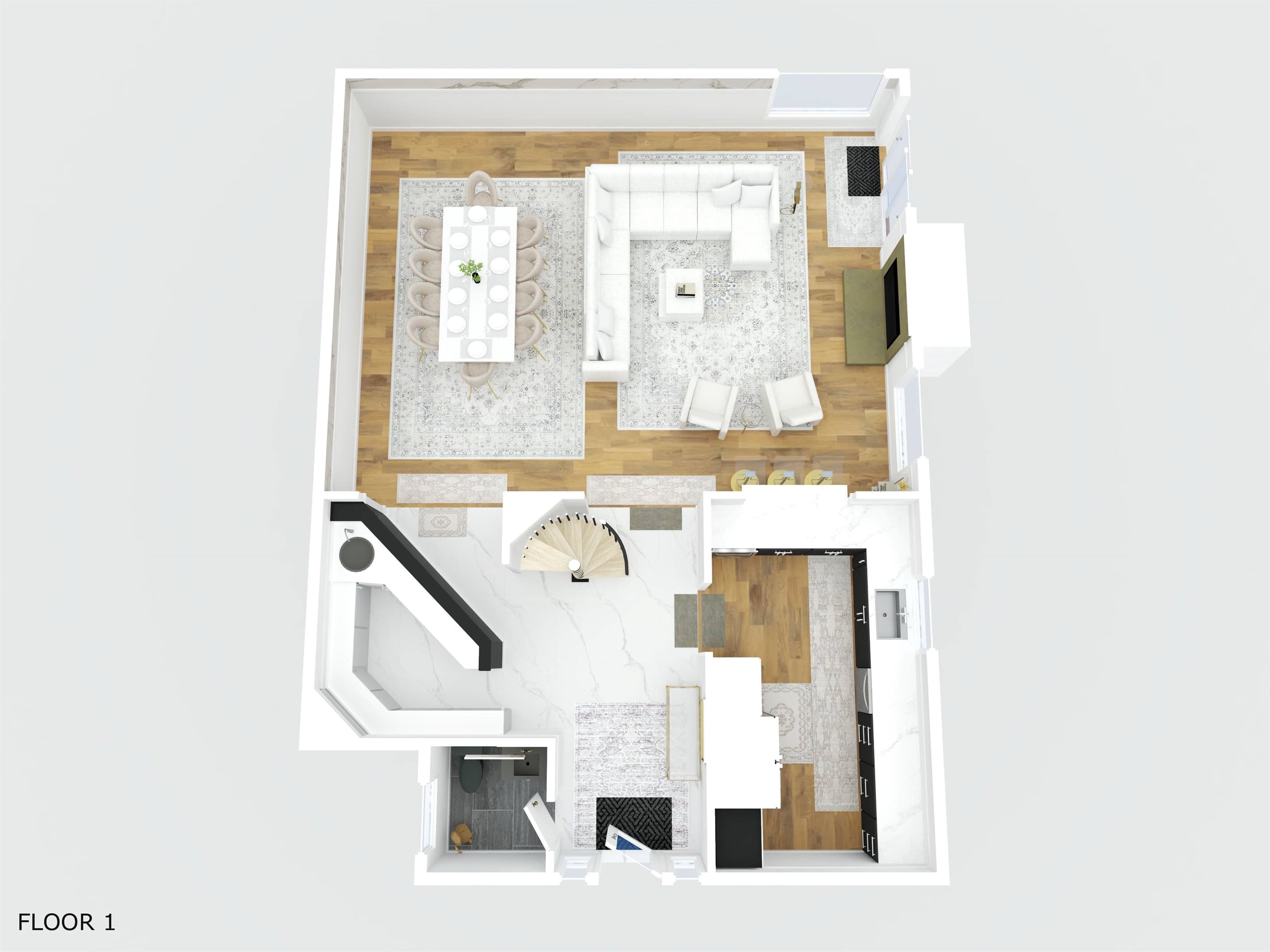 The first floor has a half-bath, bar area, kitchen, dining room, and living room with the backyard deck accessible through the sliding glass doors in the living room