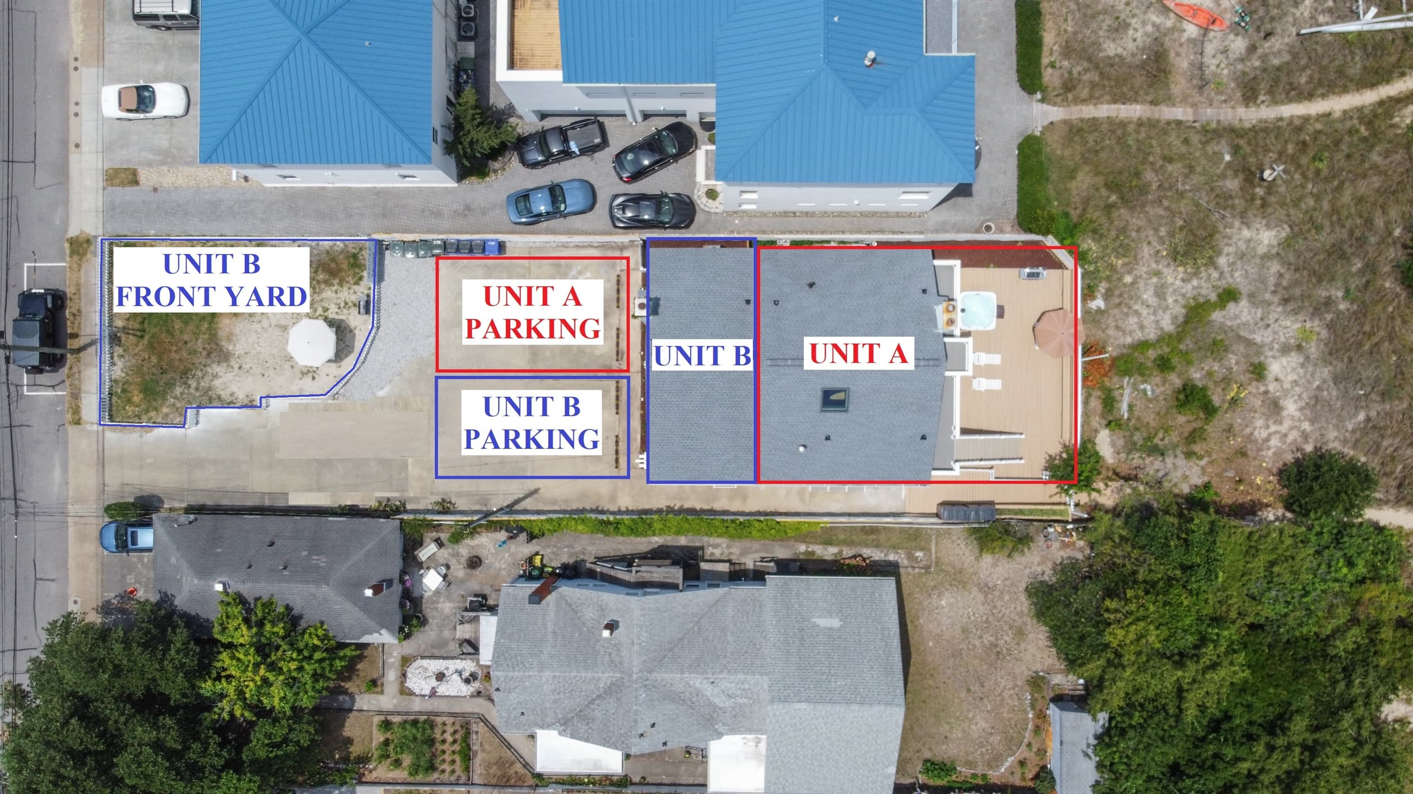 Overhead view showing how the property is split between both units, including parking areas. THIS LISTING IS FOR BOTH UNITS - THE ENTIRE PROPERTY!