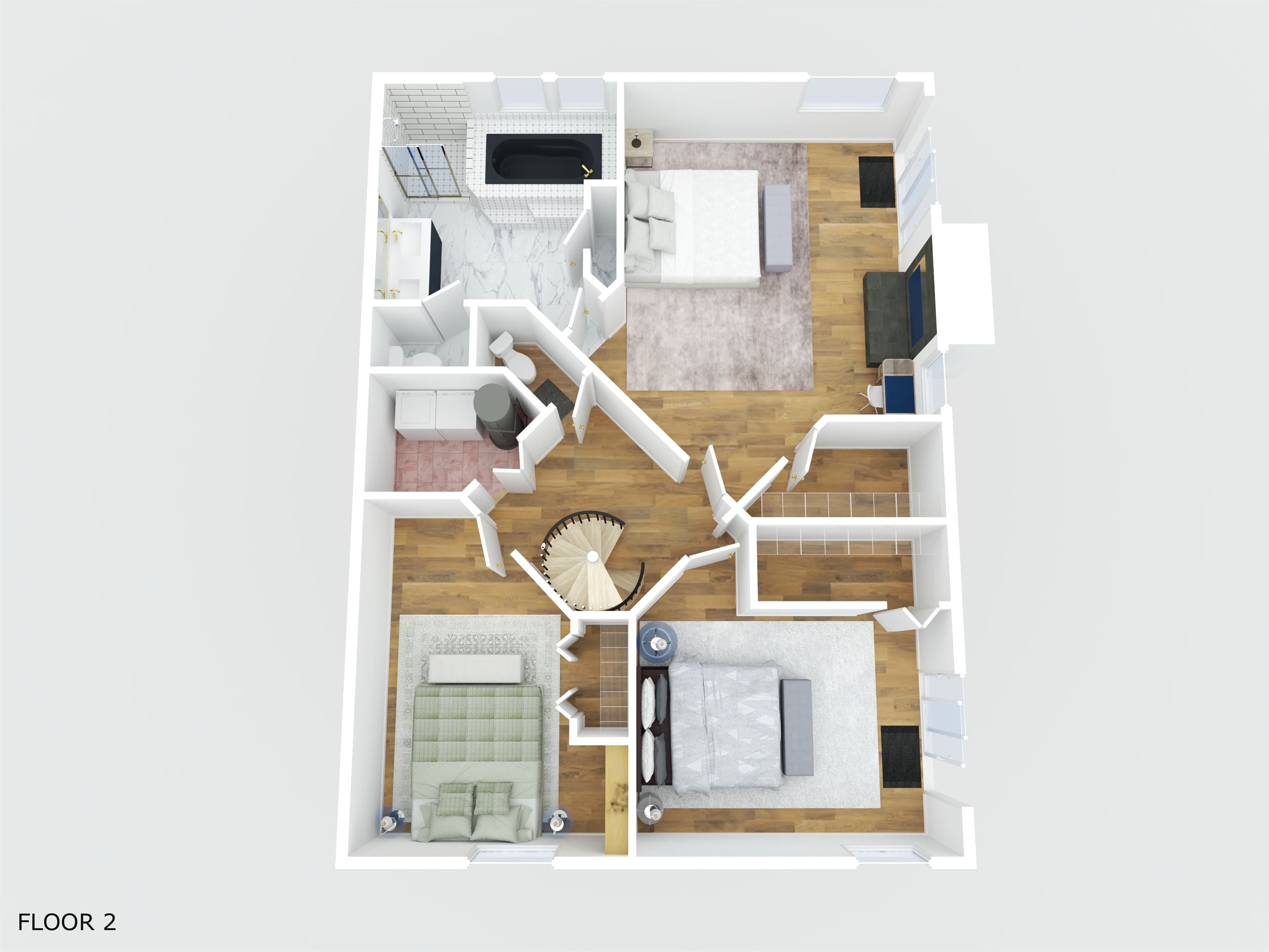Unit A - Second Floor - The second floor upstairs has 3 bedrooms, the laundry room, a half-bath and a large full bath in the primary room. The two ocean facing rooms have access to the second level deck through the sliding glass doors in each room.