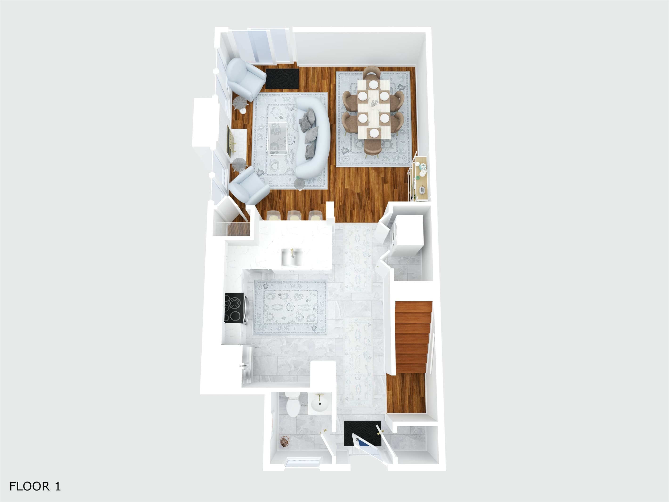 Unit B - First Floor - The first floor has the half-bath, kitchen, living room, dining room and access to the side-yard (through the sliding doors)