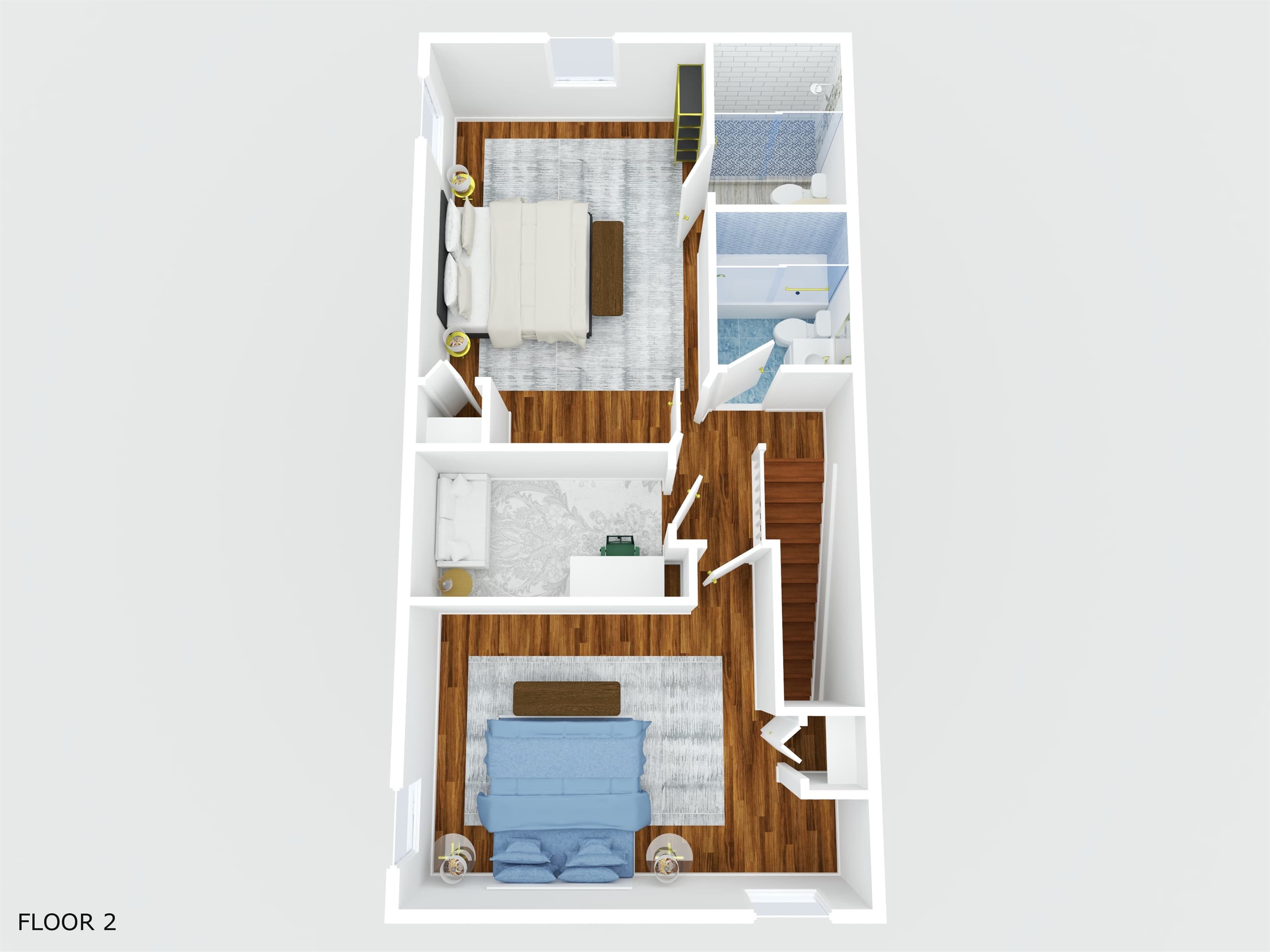 Unit B - Second Floor - The second floor upstairs has two bedrooms and an office, along with 2 full bathrooms