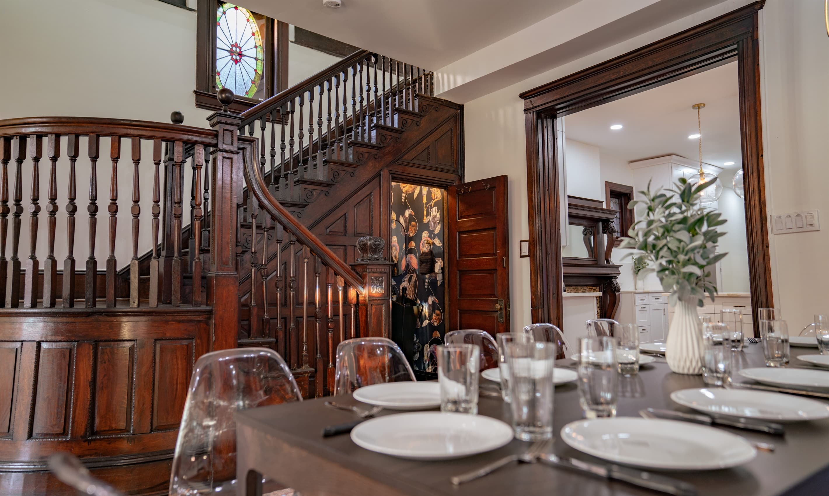 The dining room is off the kitchen, making it easy to host a meal for everyone