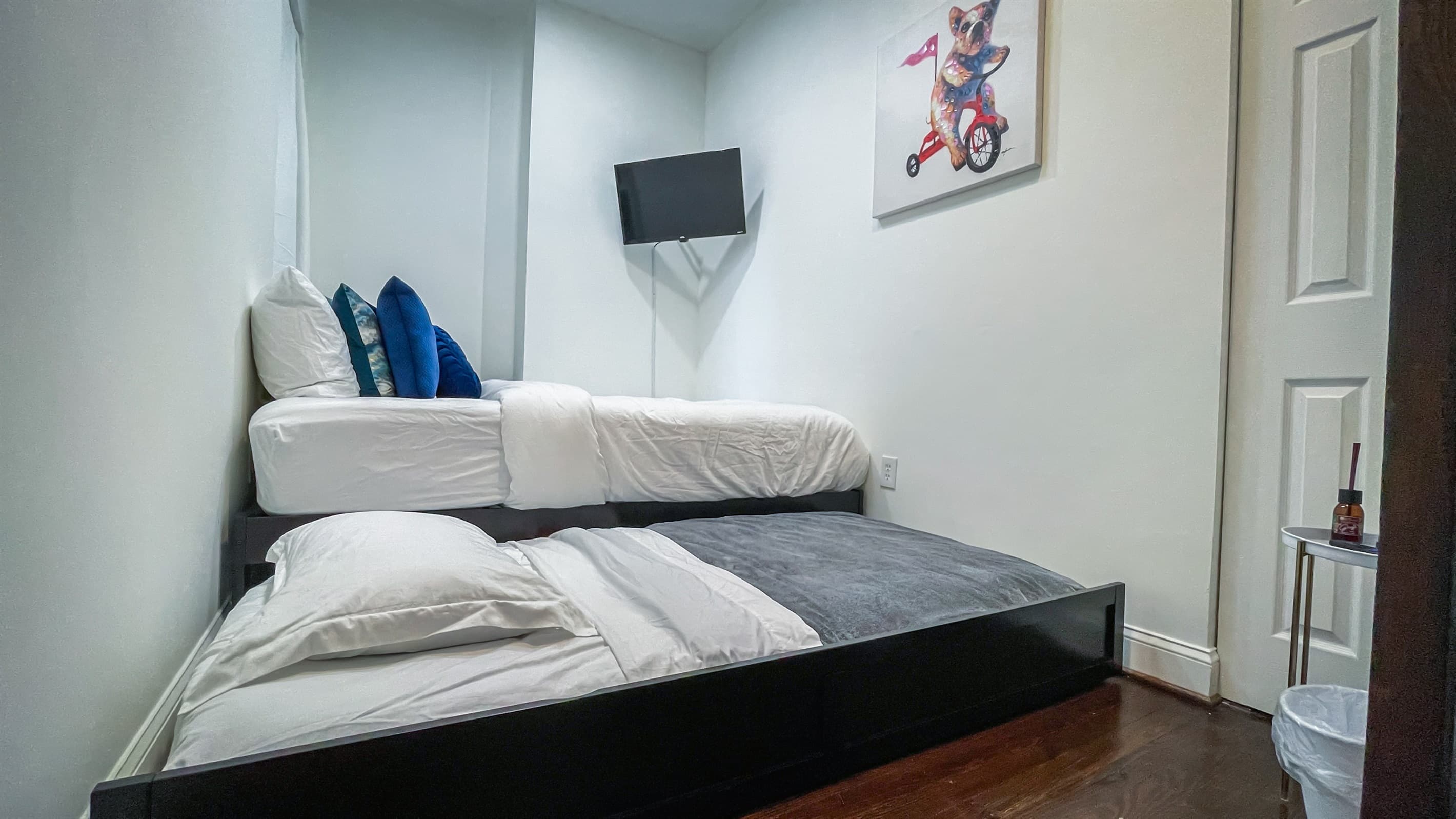 When the trundle bed is pulled out for use, the beds will take up the majority of the room