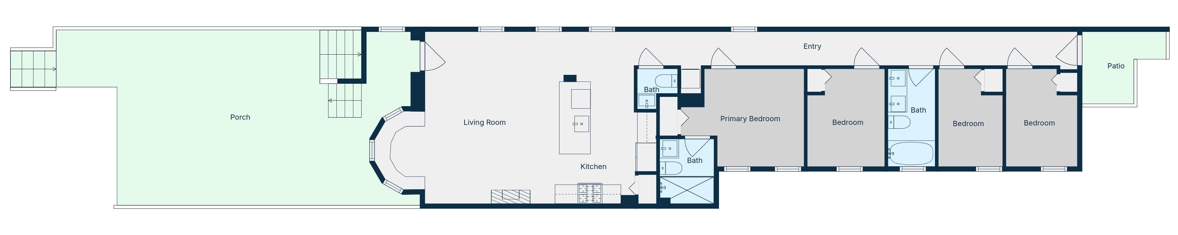 The lower level (Unit B) is approximately 1,300 sq ft total (interior) and has 4 bedrooms and 2.5 bathrooms, along with a shared front patio area and rear patio area on the exterior