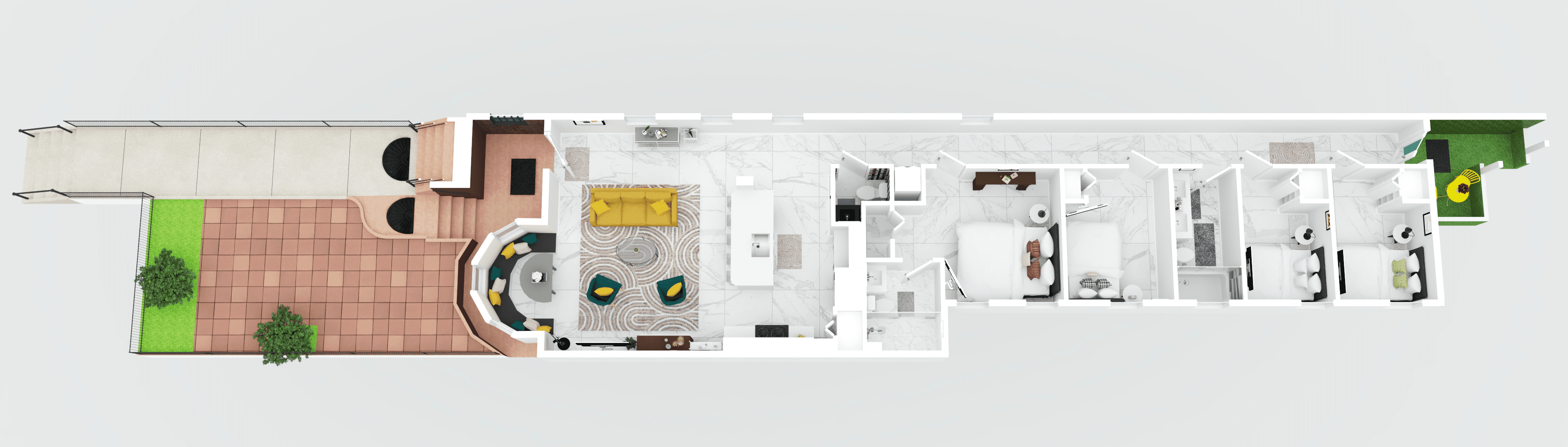 The lower level (Unit B) is approximately 1,300 sq ft total (interior) and has 4 bedrooms and 2.5 bathrooms, along with a shared front patio area and rear patio area on the exterior