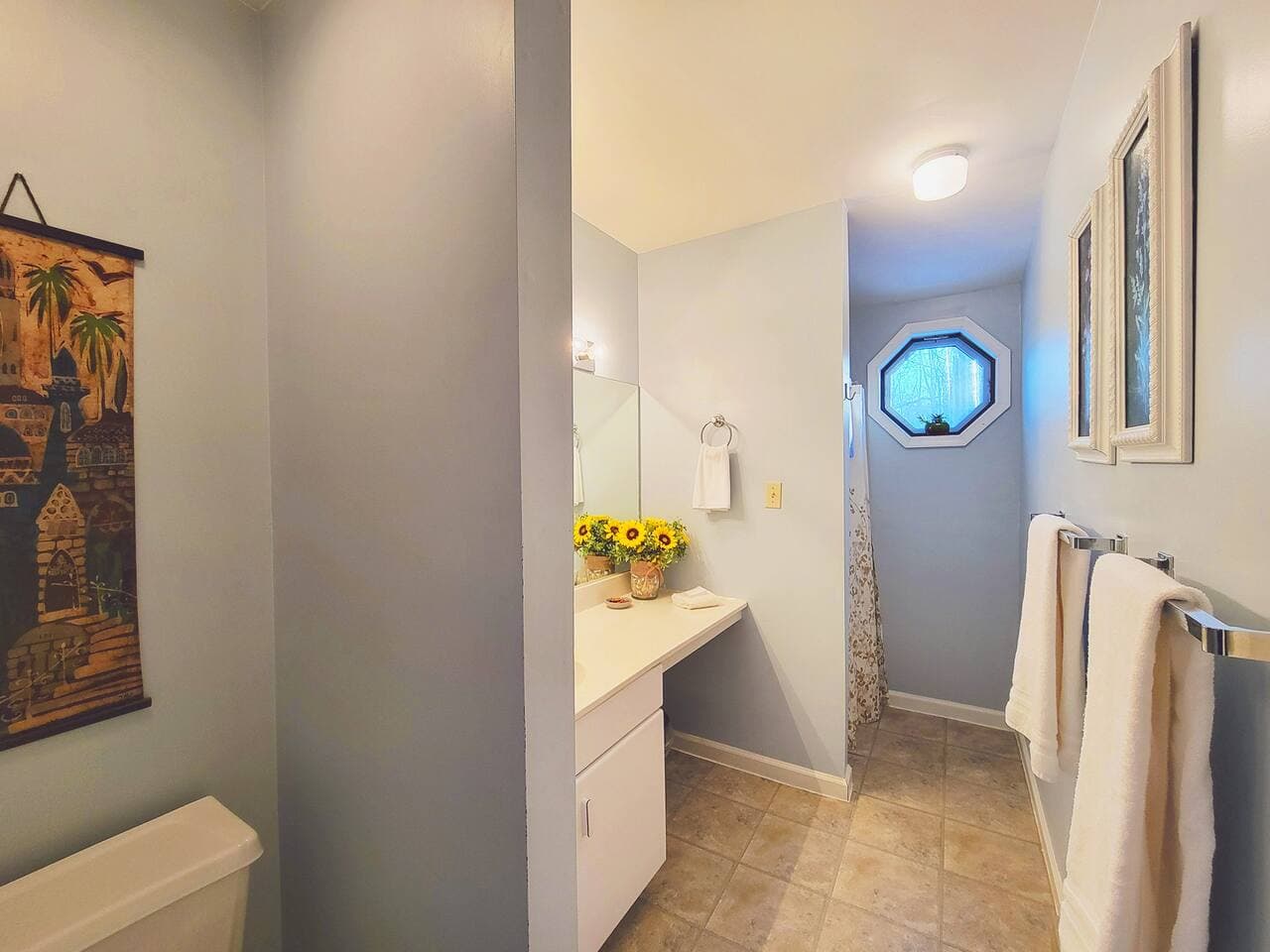 Bathroom with sink, toilet and walk-in shower