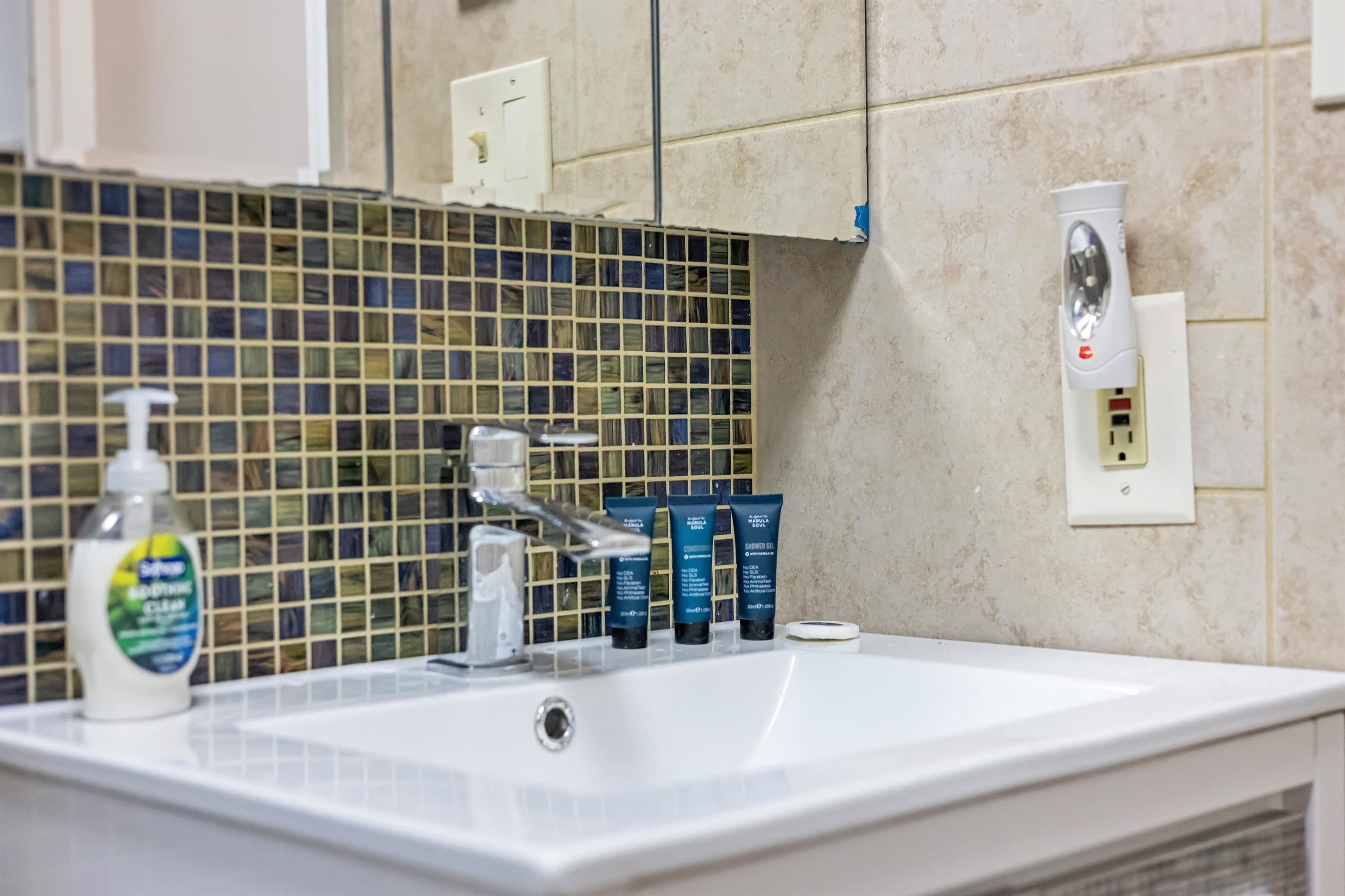 Travel-sized shampoo, shower gel, and hand soap for your convenience